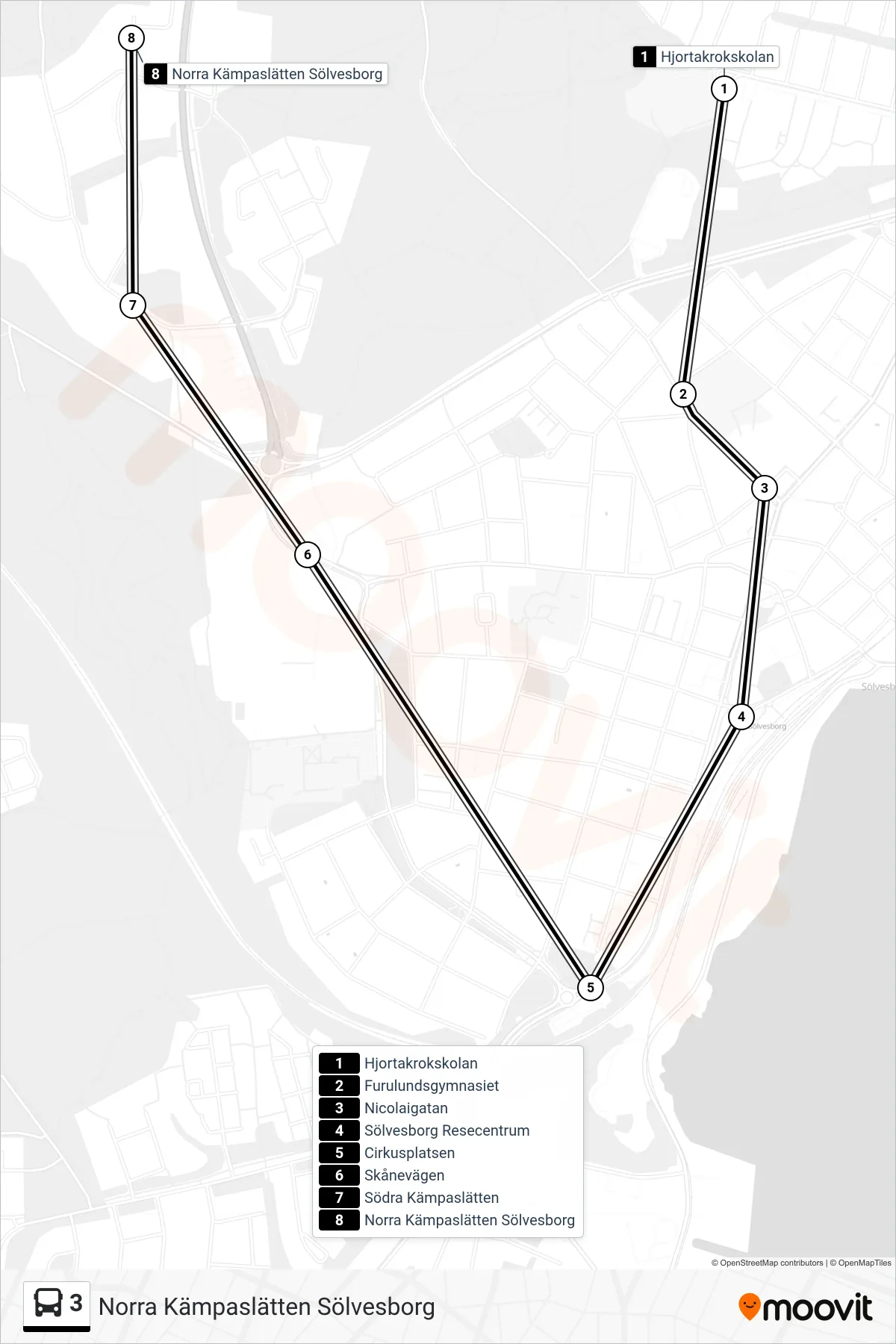 Rutt och hållplatser på karta för linje 3 buss, (Norra Kämpaslätten Sölvesborg)