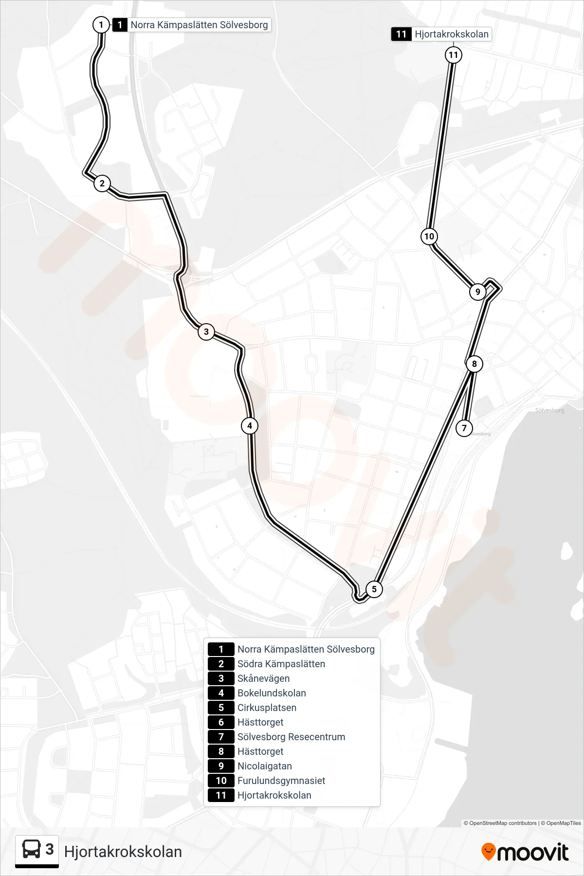 Rutt och hållplatser på karta för linje 3 buss, (Hjortakrokskolan)