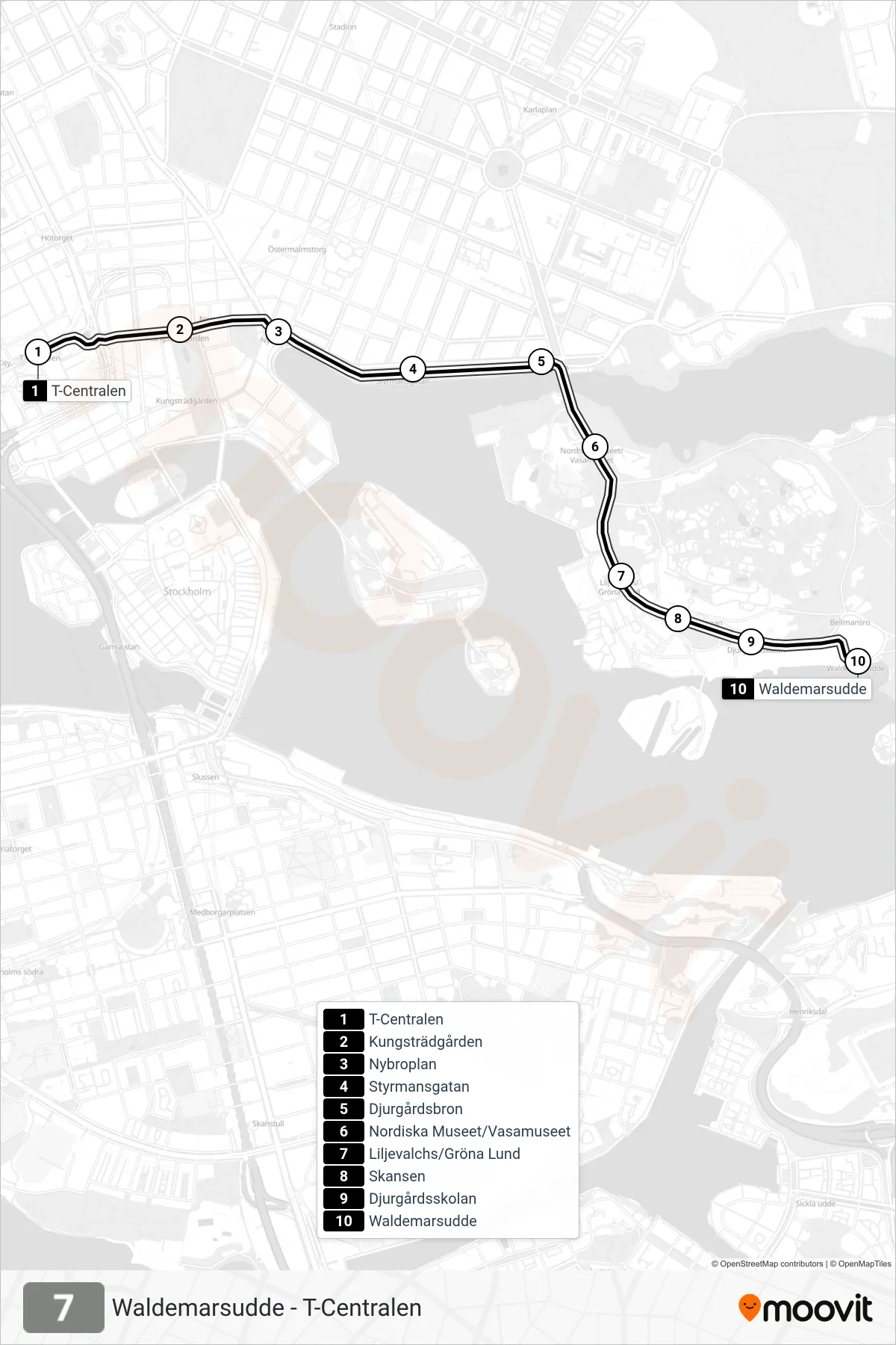 Rutt och hållplatser på karta för linje 7 spårvagn, (Waldemarsudde)