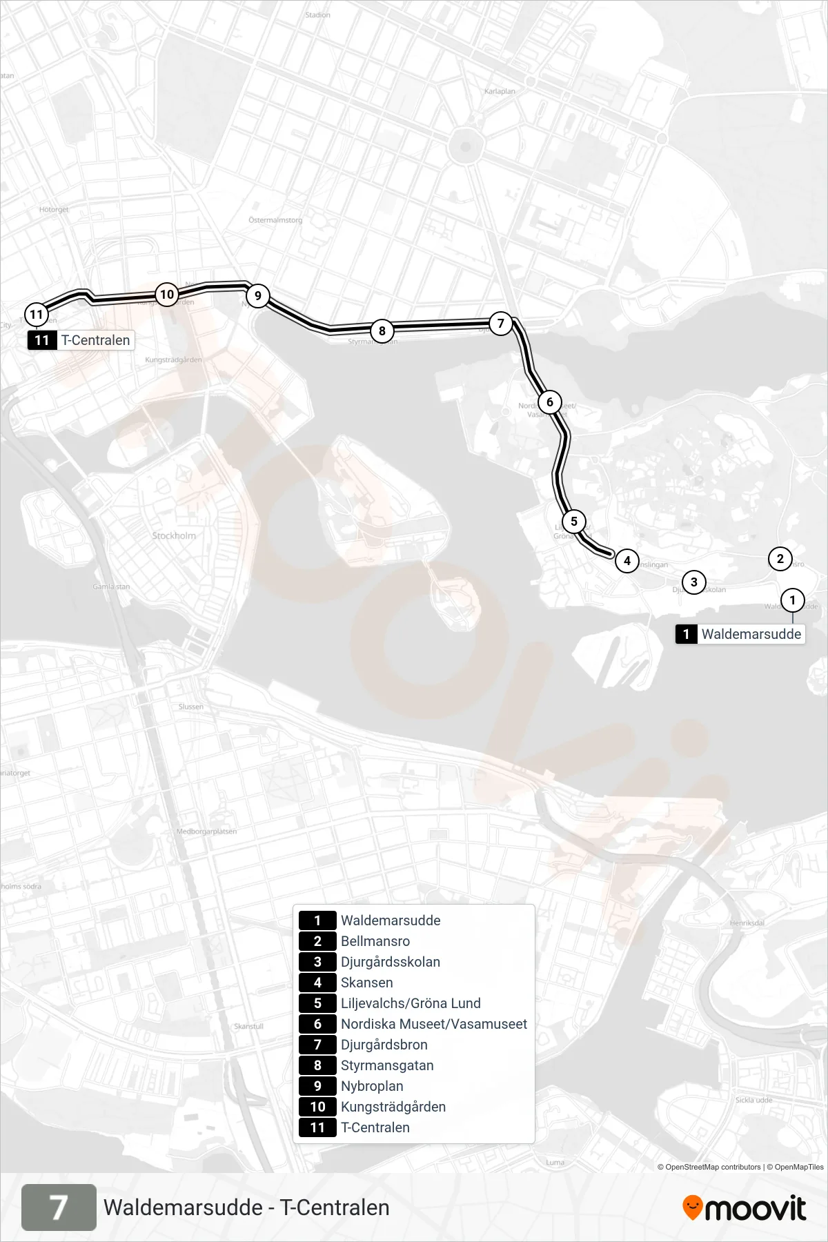 Rutt och hållplatser på karta för linje 7 spårvagn, (T-Centralen)