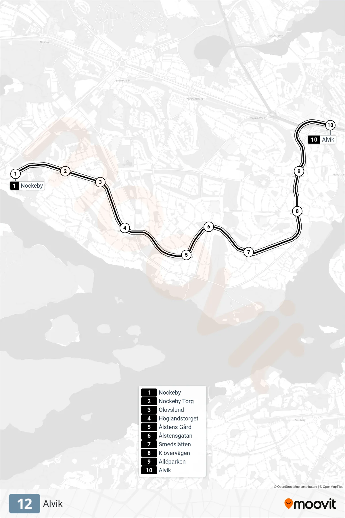 Rutt och hållplatser på karta för linje 12 spårvagn, (Alvik)