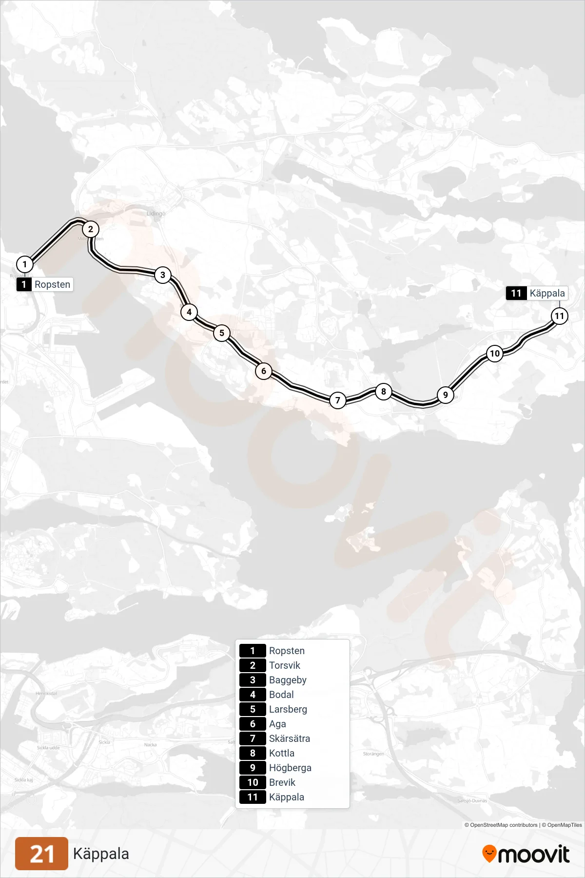 Rutt och hållplatser på karta för linje 21 spårvagn, (Käppala)