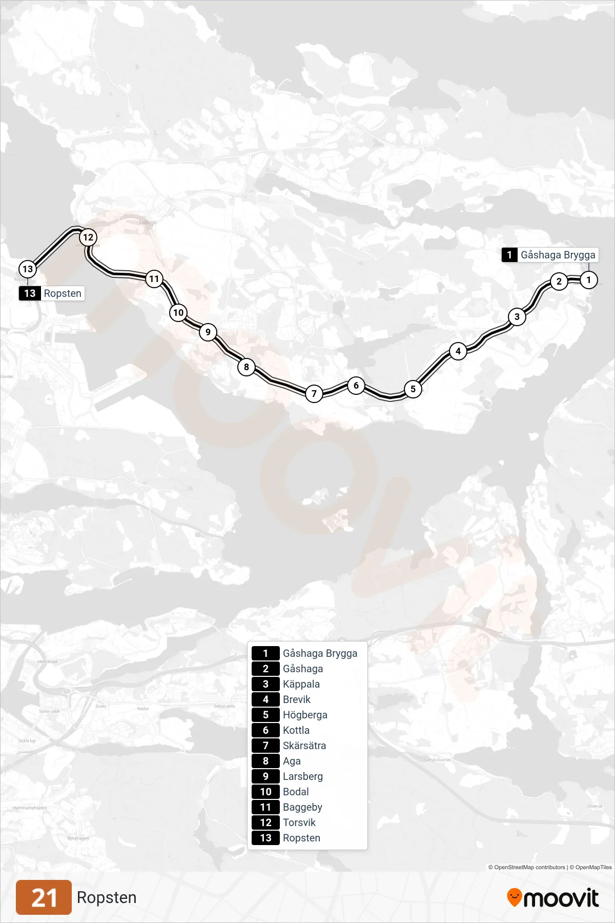 Rutt och hållplatser på karta för linje 21 spårvagn, (Ropsten)