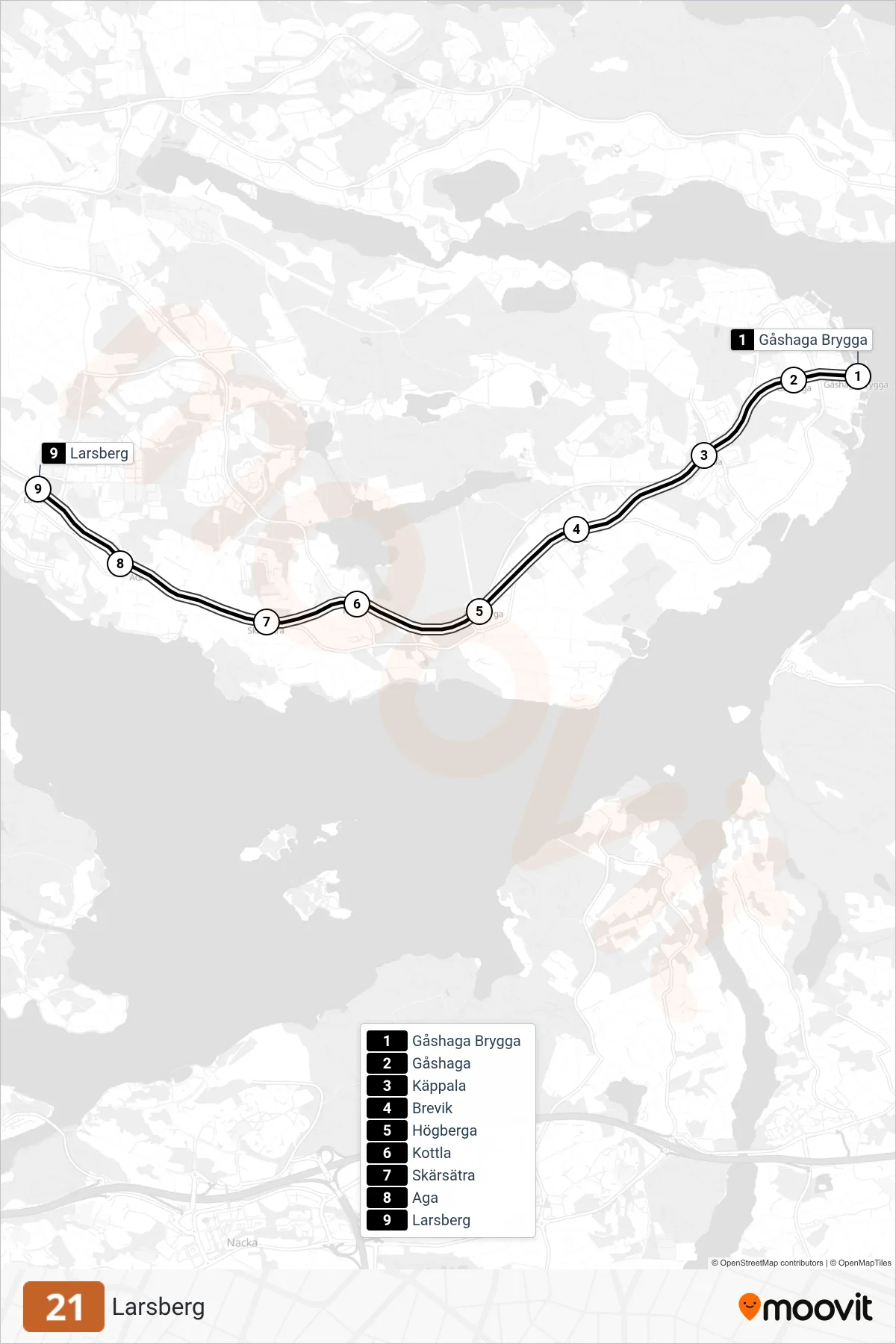 Rutt och hållplatser på karta för linje 21 spårvagn, (Larsberg)
