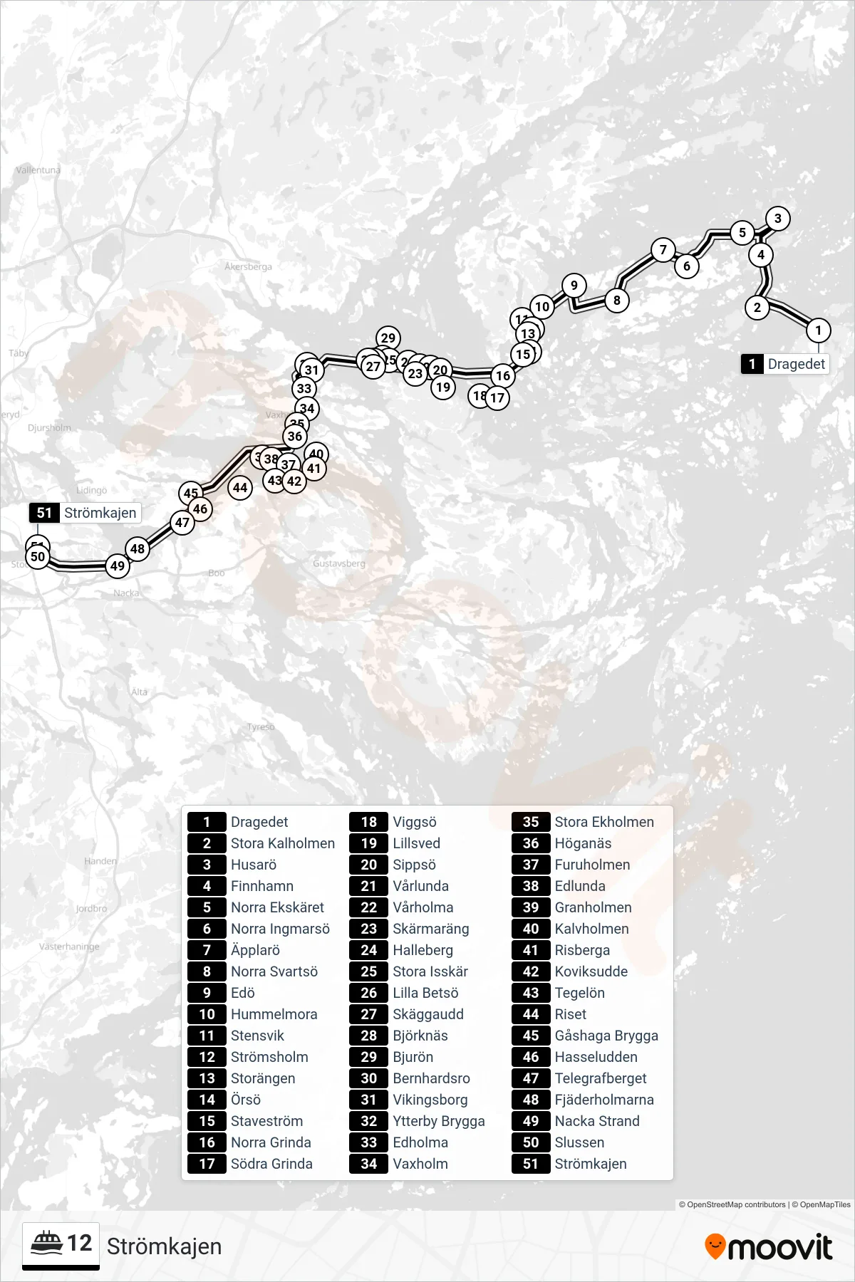 Rutt och hållplatser på karta för linje 12 spårvagn, (Strömkajen)