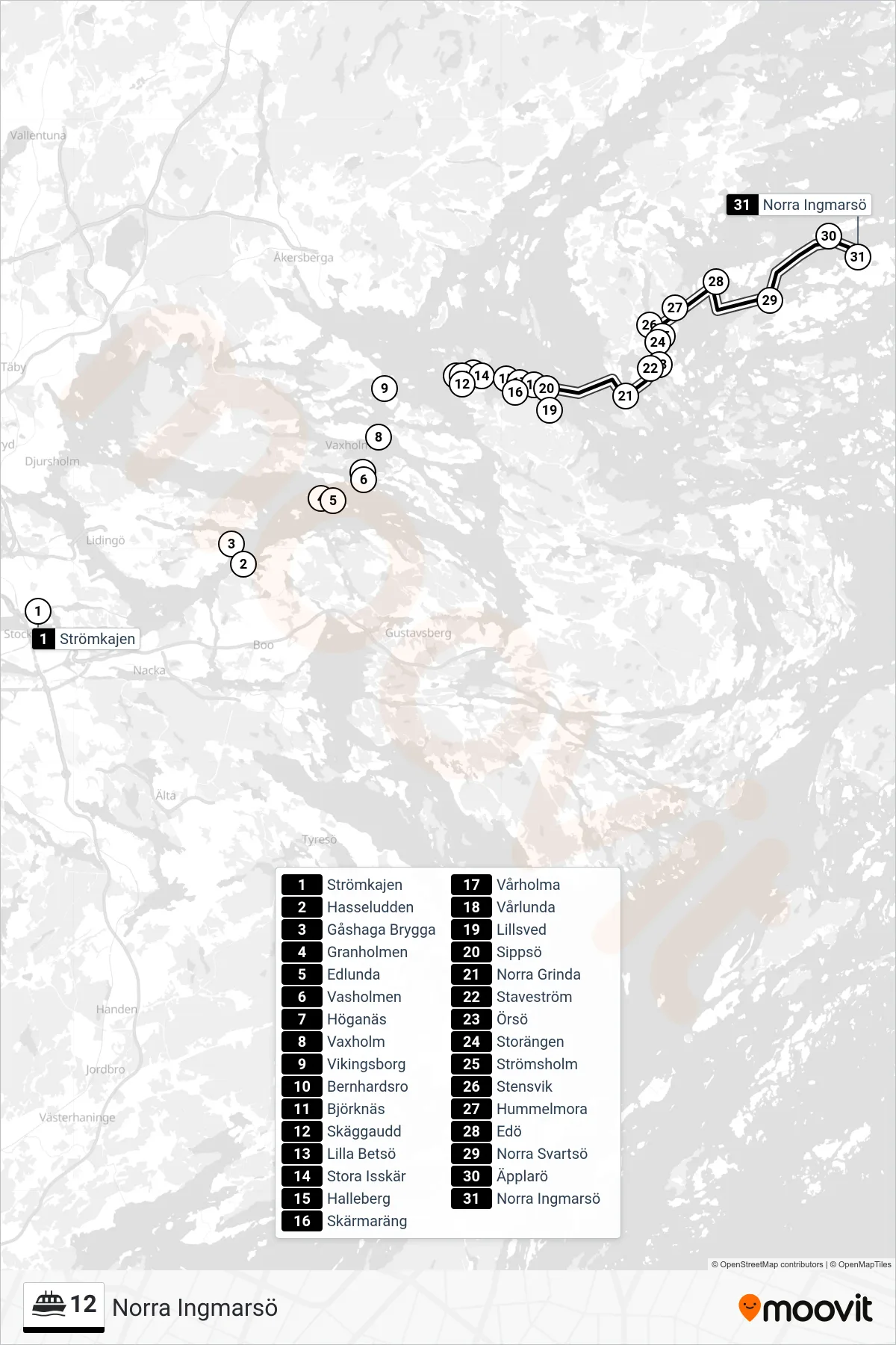 Rutt och hållplatser på karta för linje 12 spårvagn, (Norra Ingmarsö)