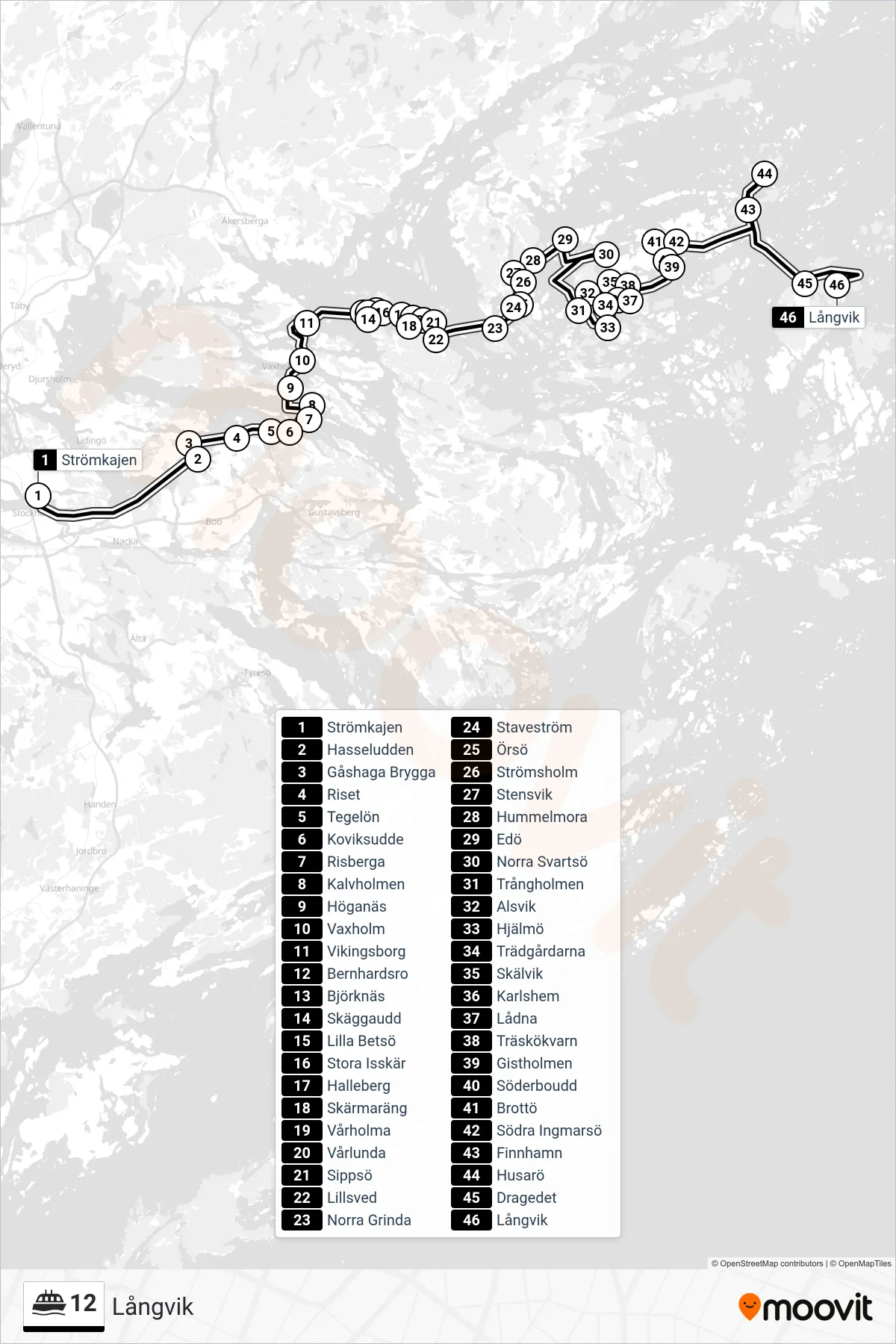 Rutt och hållplatser på karta för linje 12 spårvagn, (Långvik)