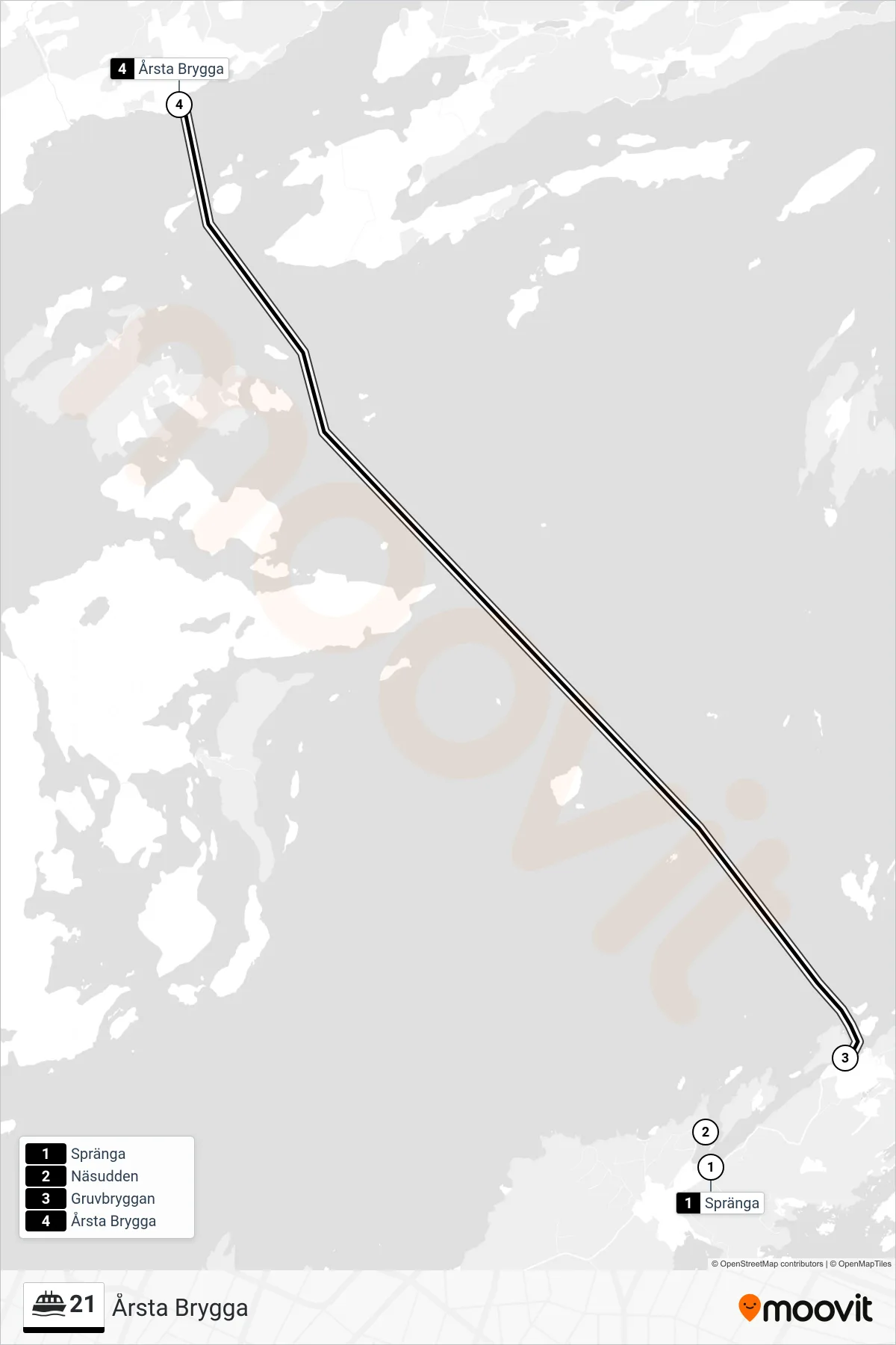 Rutt och hållplatser på karta för linje 21 spårvagn, (Årsta Brygga)