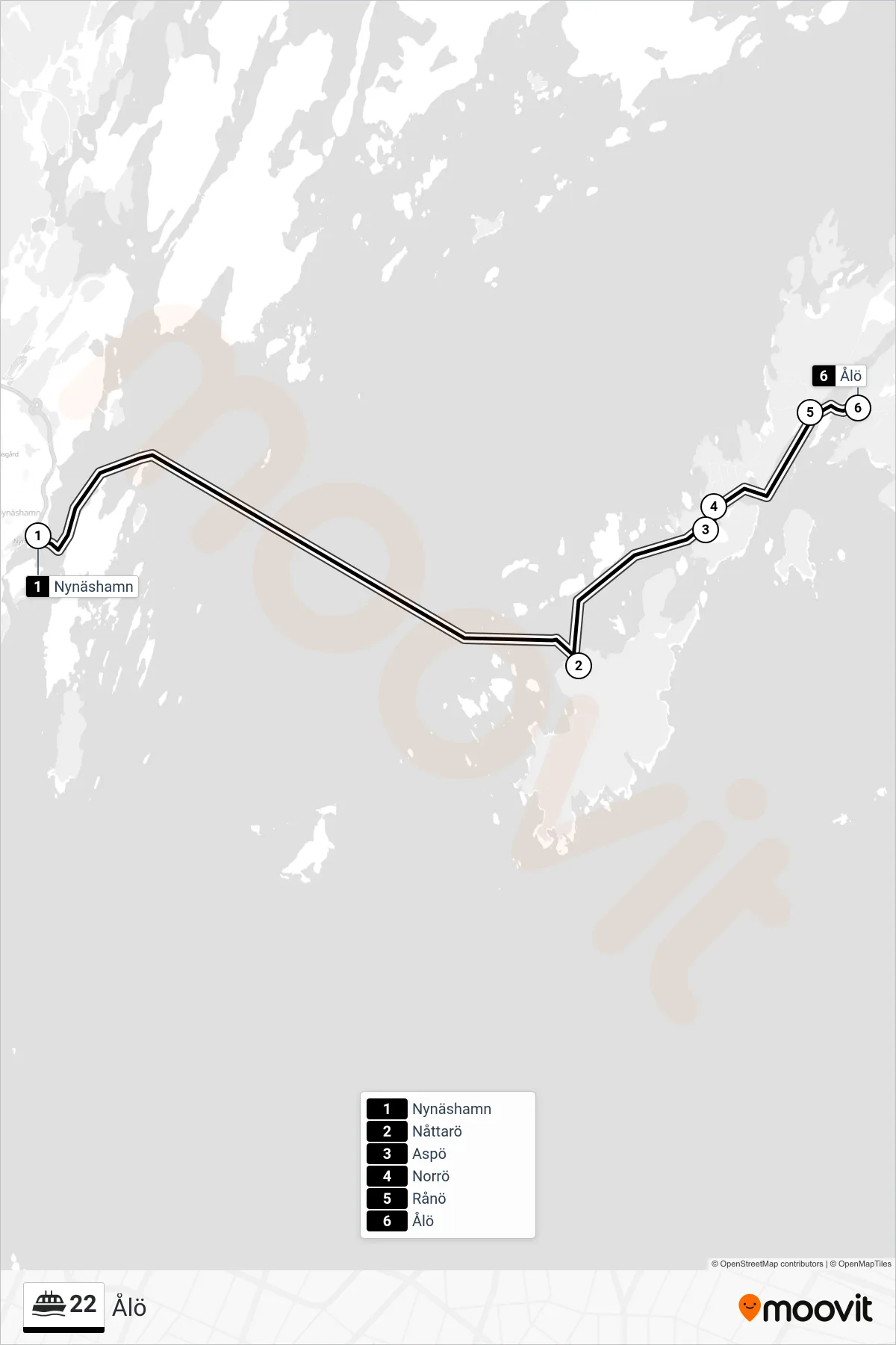 Rutt och hållplatser på karta för linje 22  spårvagn, (Ålö)