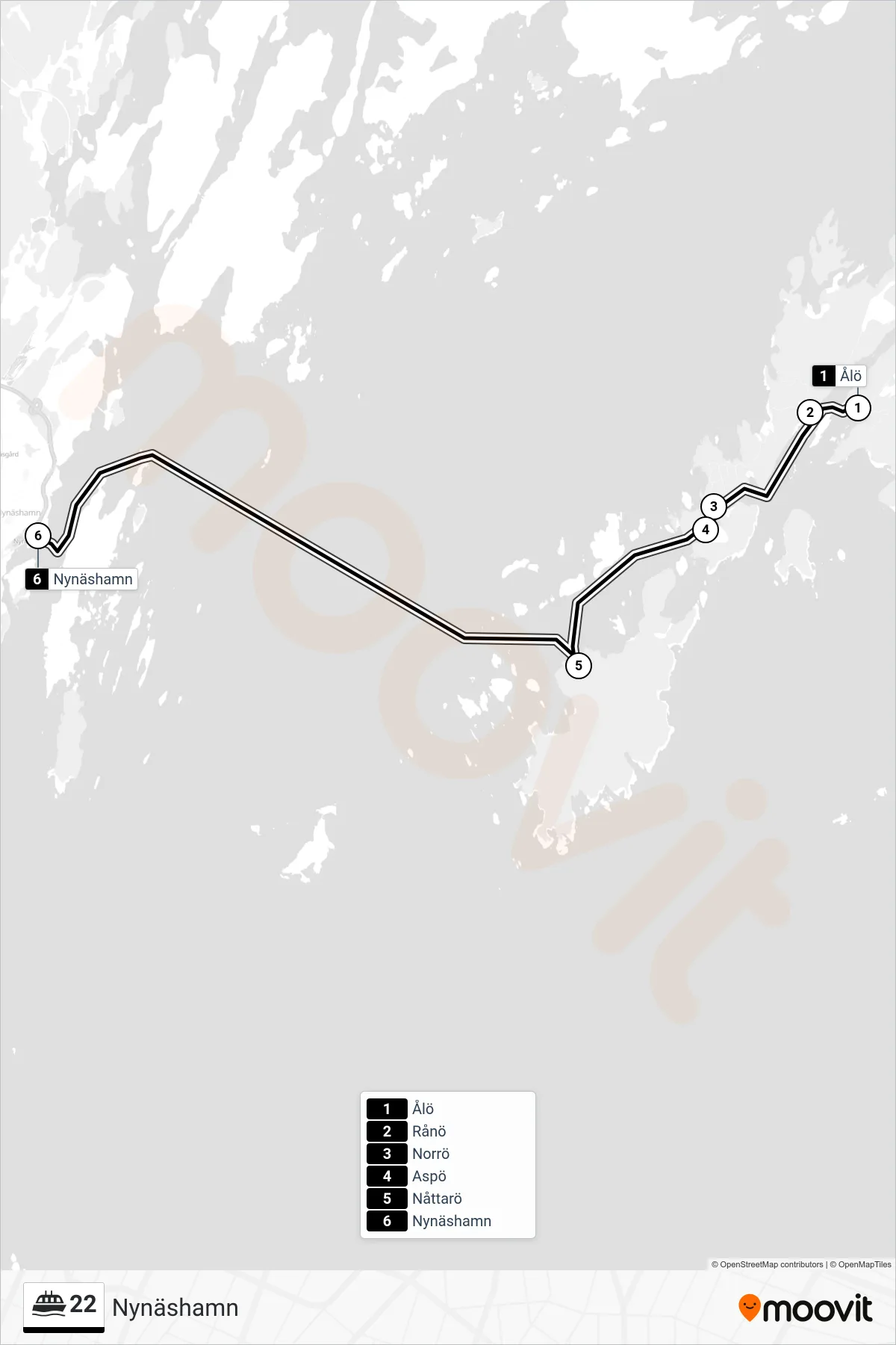 Rutt och hållplatser på karta för linje 22 spårvagn, (Nynäshamn)