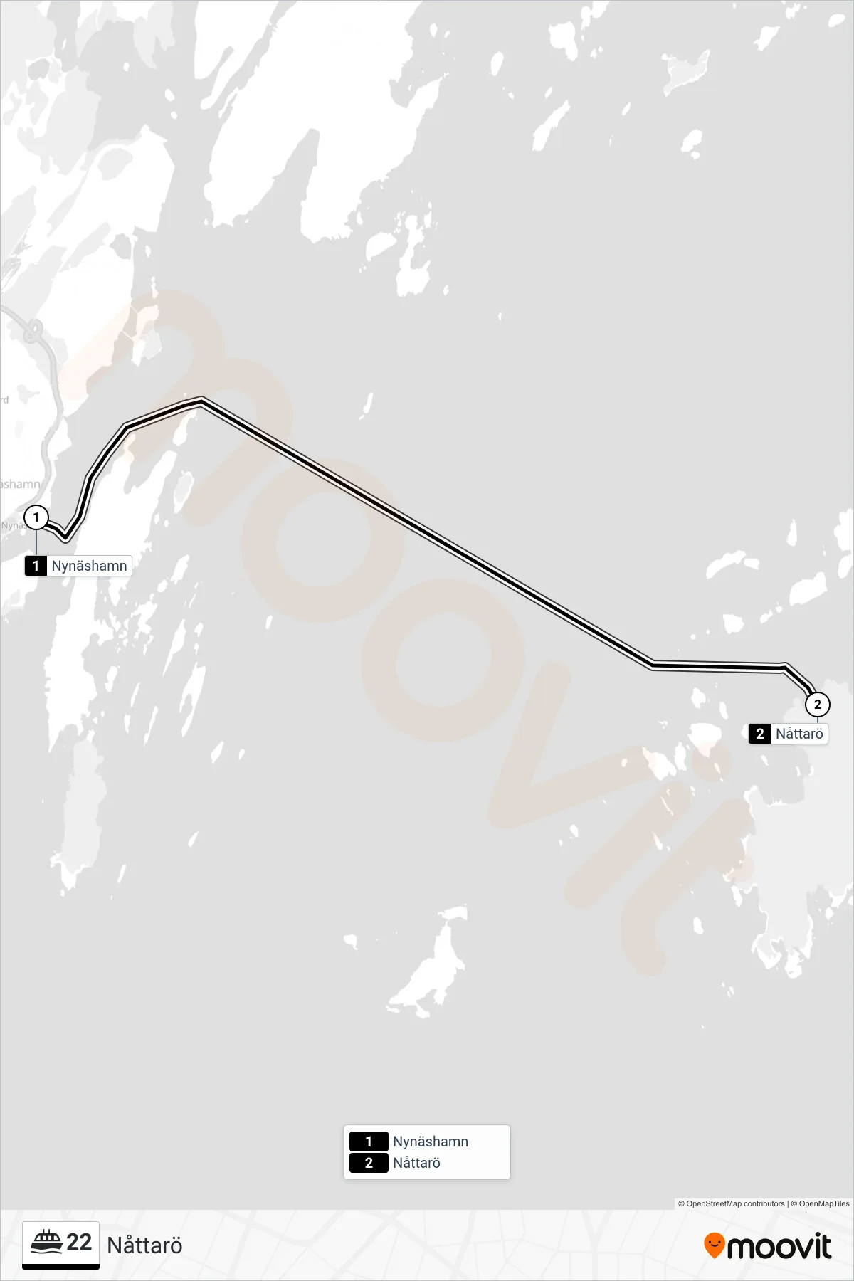 Rutt och hållplatser på karta för linje 22  spårvagn, (Nåttarö)