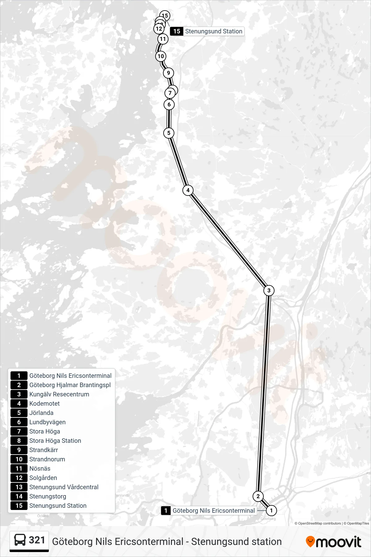 Rutt och hållplatser på karta för linje 321 spårvagn, (Stenungsund Station)