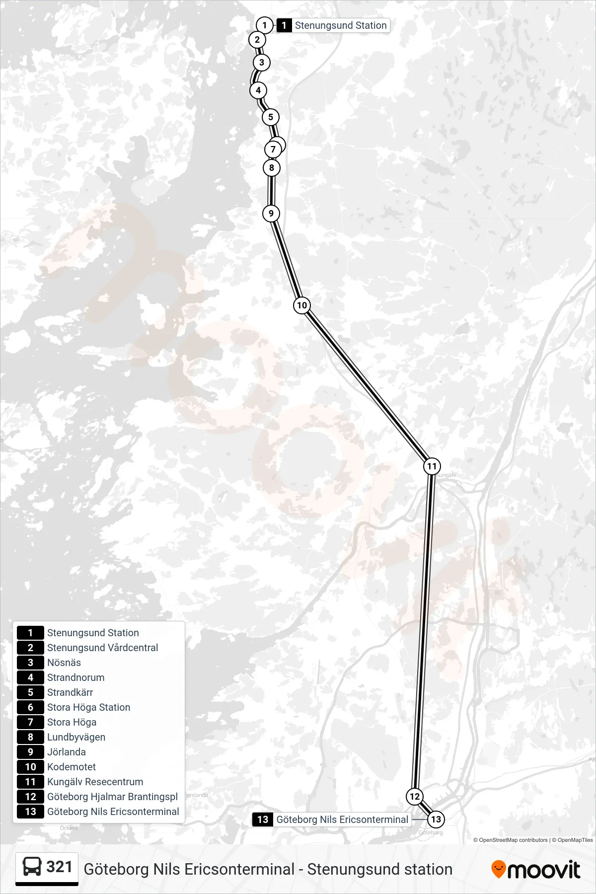 Rutt och hållplatser på karta för linje 321  spårvagn, (Göteborg Nils Ericsonterminal)