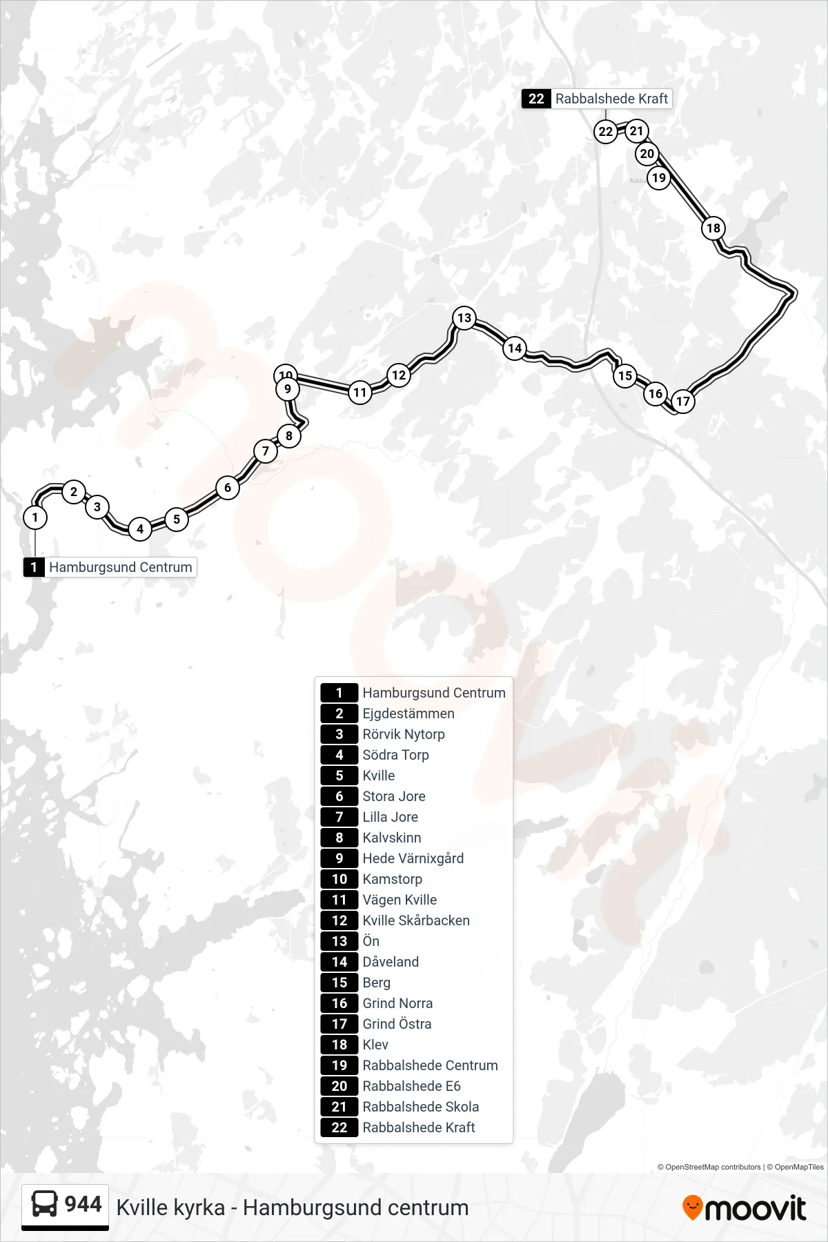 Rutt och hållplatser på karta för linje 944 spårvagn, (Rabbalshede Kraft)