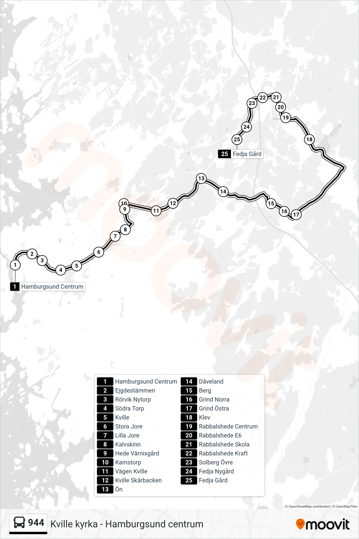 Rutt och hållplatser på karta för linje 944  spårvagn, (Fedja Gård)