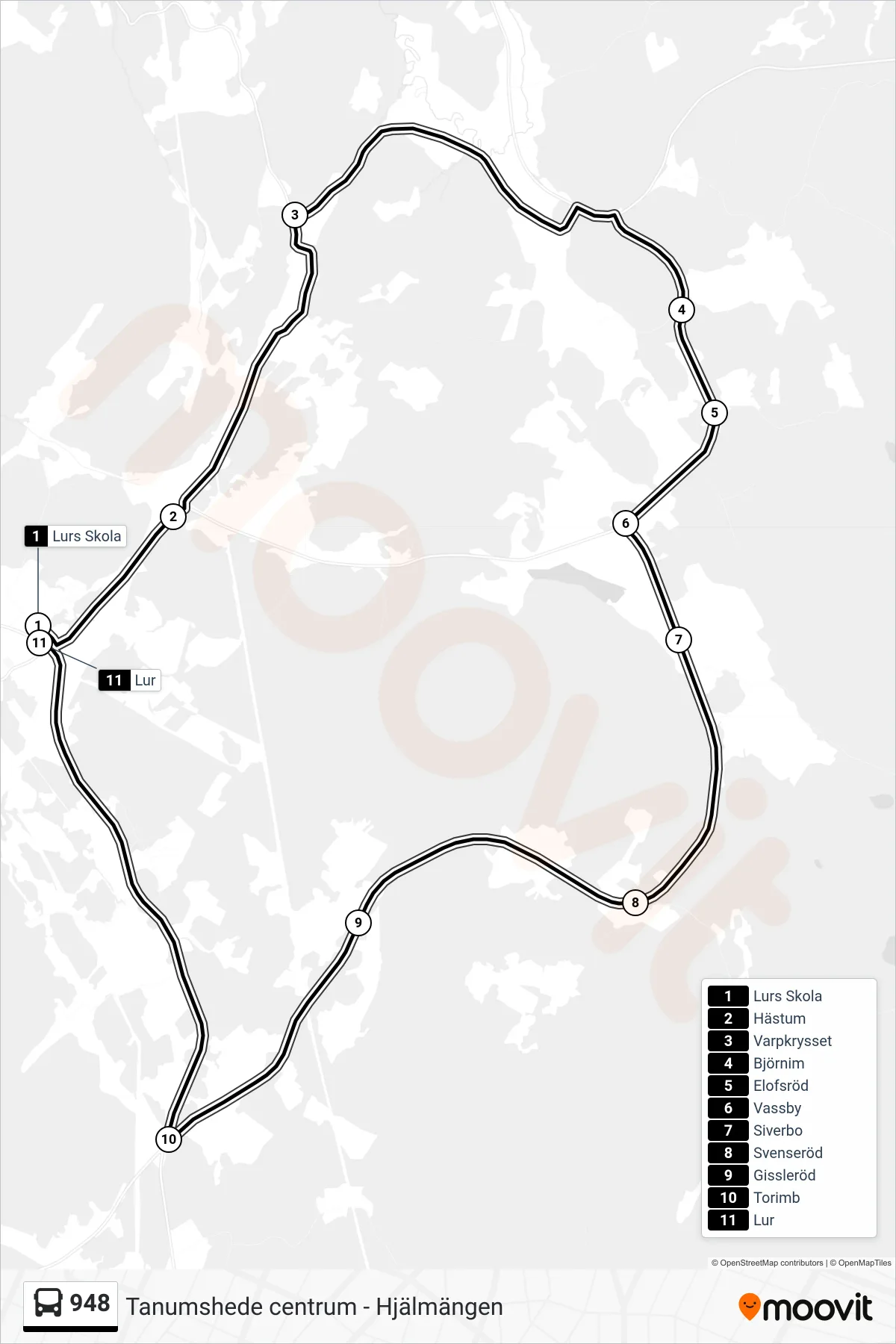 Rutt och hållplatser på karta för linje 948  spårvagn, (Lur)