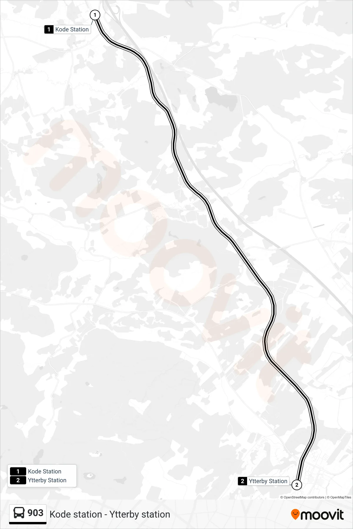Rutt och hållplatser på karta för linje 903 spårvagn, (Ytterby Station)