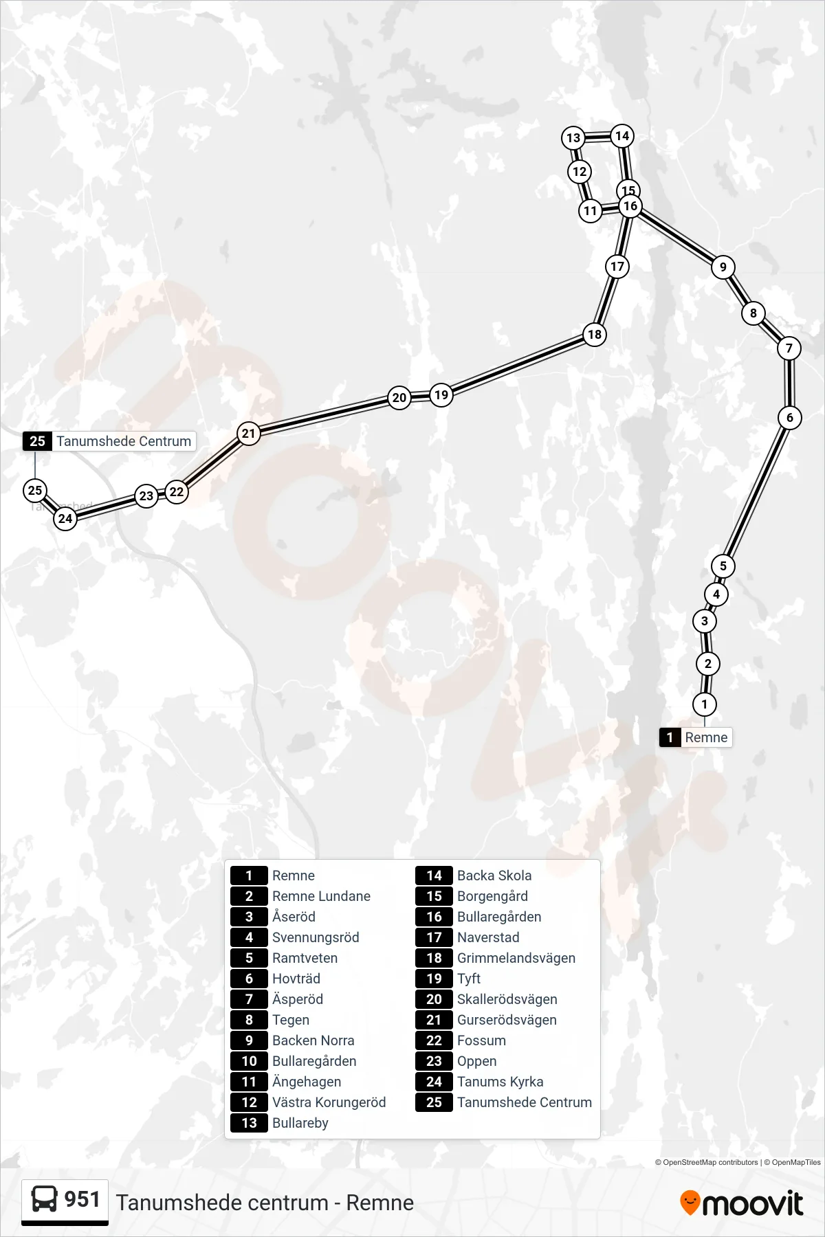 Rutt och hållplatser på karta för linje 951 spårvagn, (Tanumshede Centrum)