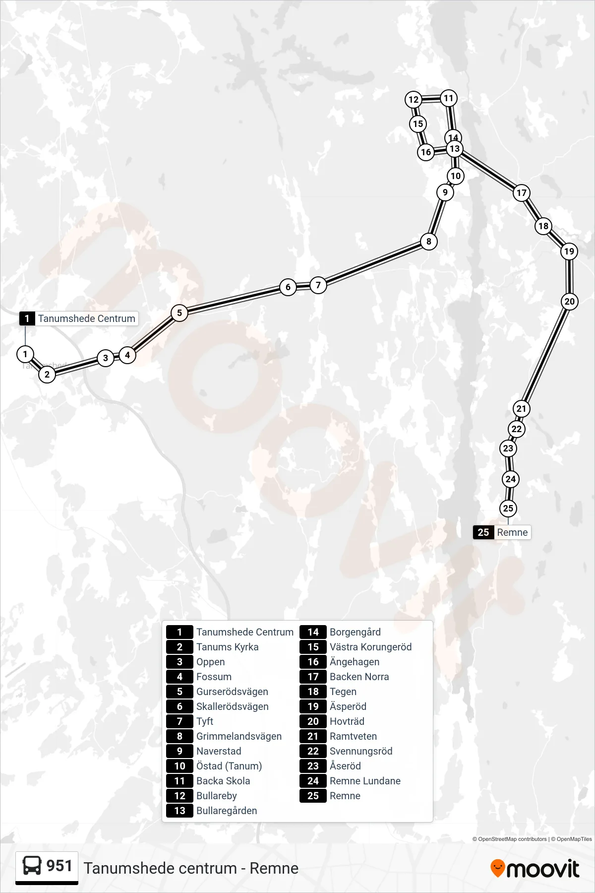 Rutt och hållplatser på karta för linje 951 spårvagn, (Remne)