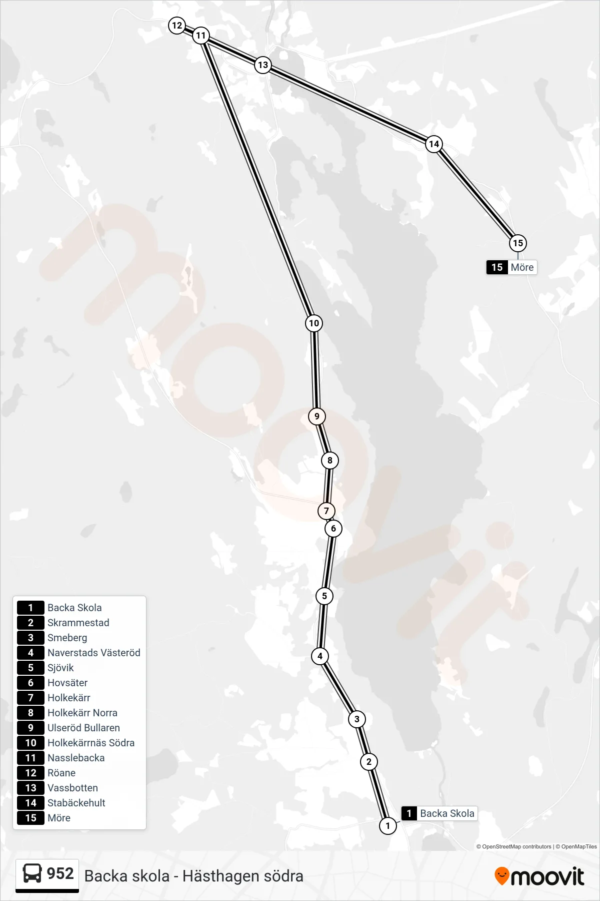 Rutt och hållplatser på karta för linje 952 spårvagn, (Möre)