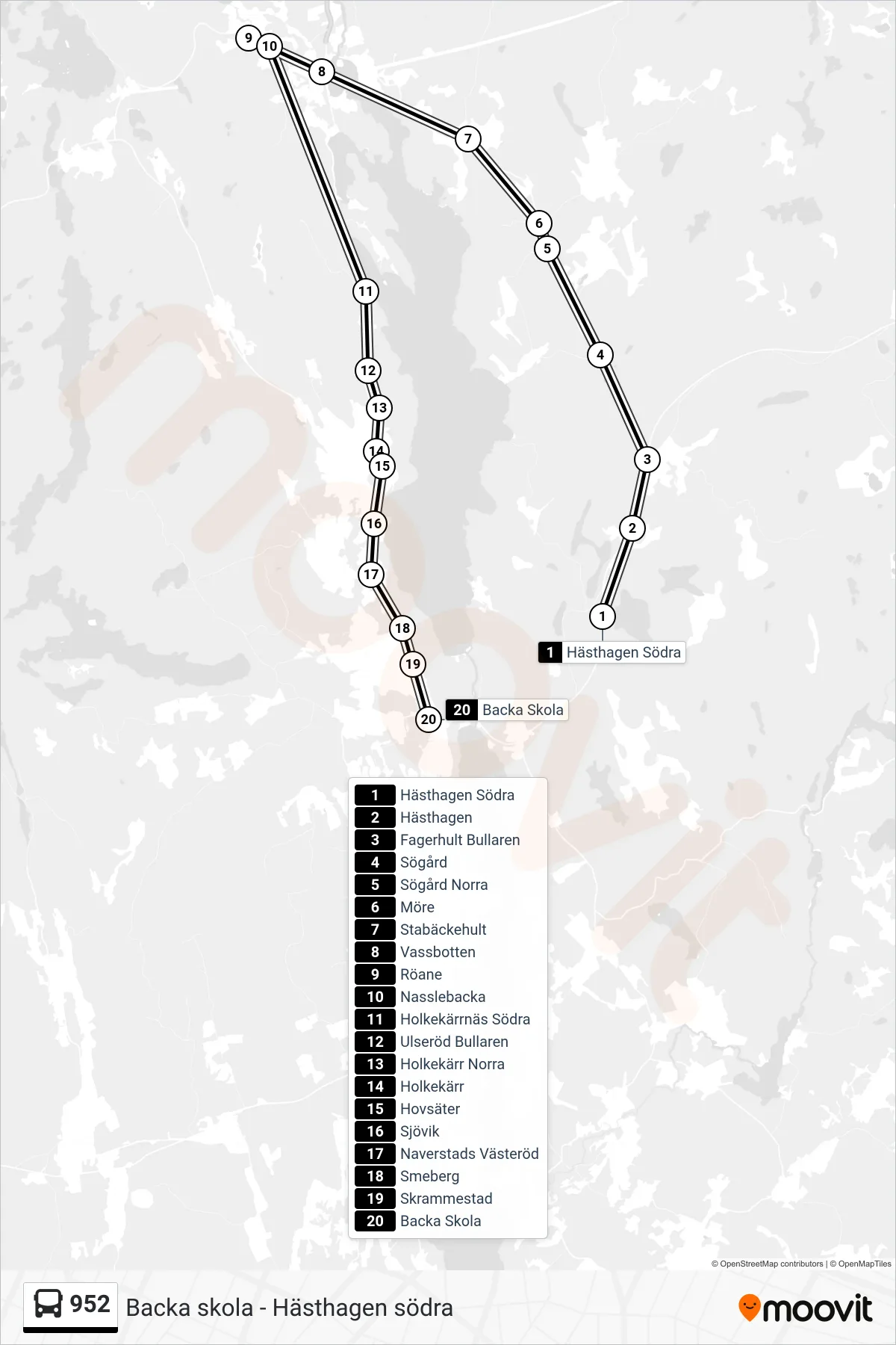 Rutt och hållplatser på karta för linje 952  spårvagn, (Backa Skola)