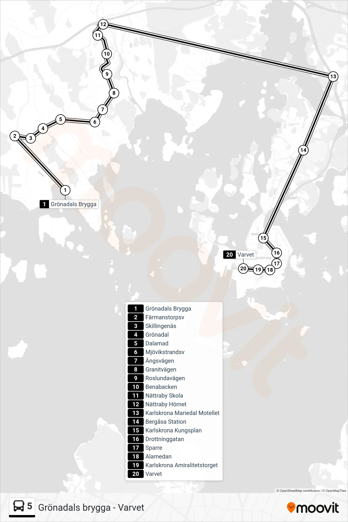 Rutt och hållplatser på karta för linje 5  buss, (Varvet)