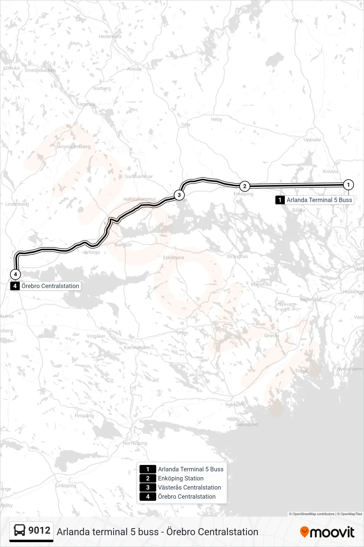 Rutt och hållplatser på karta för linje 9012 spårvagn, (Örebro Centralstation)