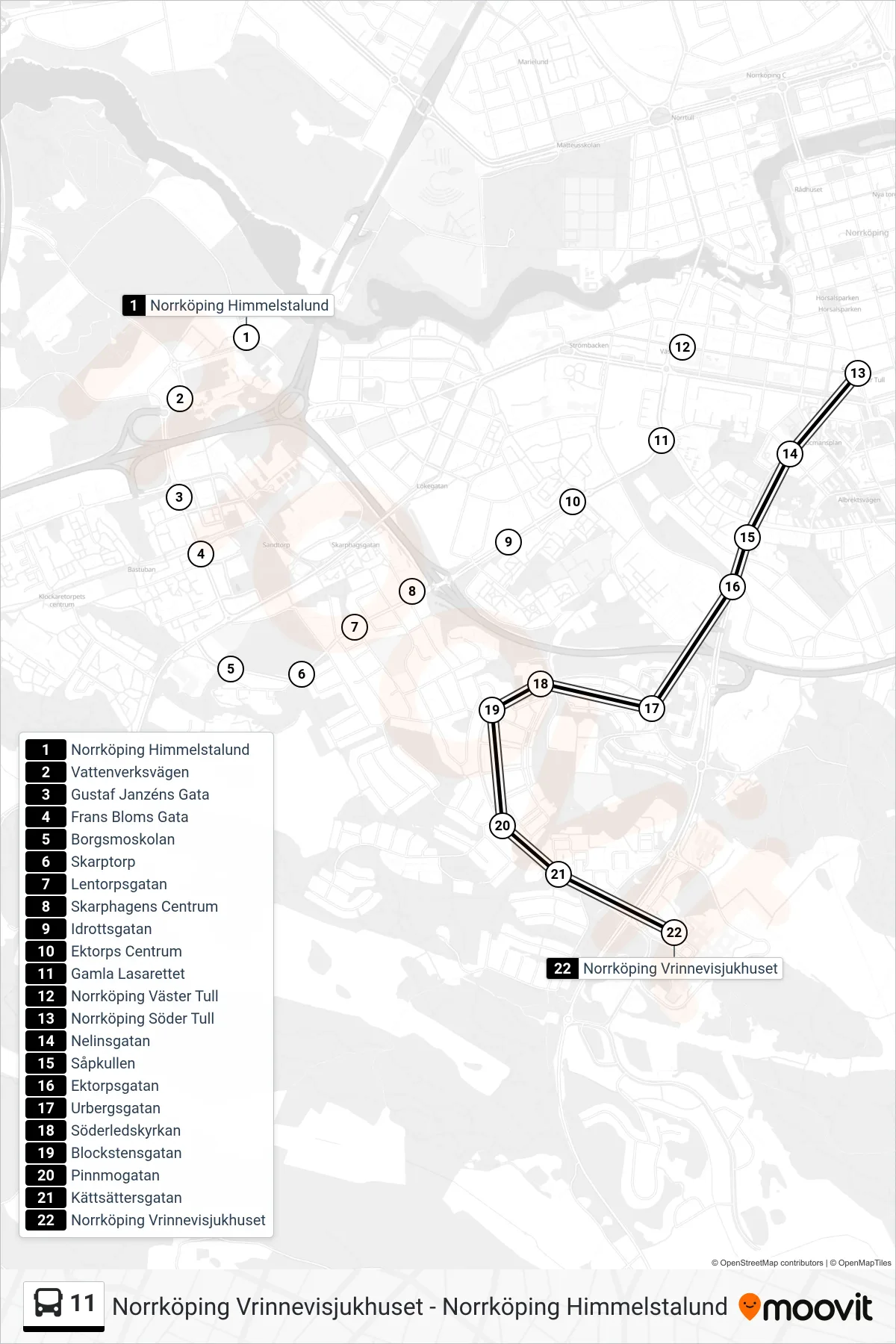 Rutt och hållplatser på karta för linje 11 spårvagn, (Norrköping Vrinnevisjukhuset)