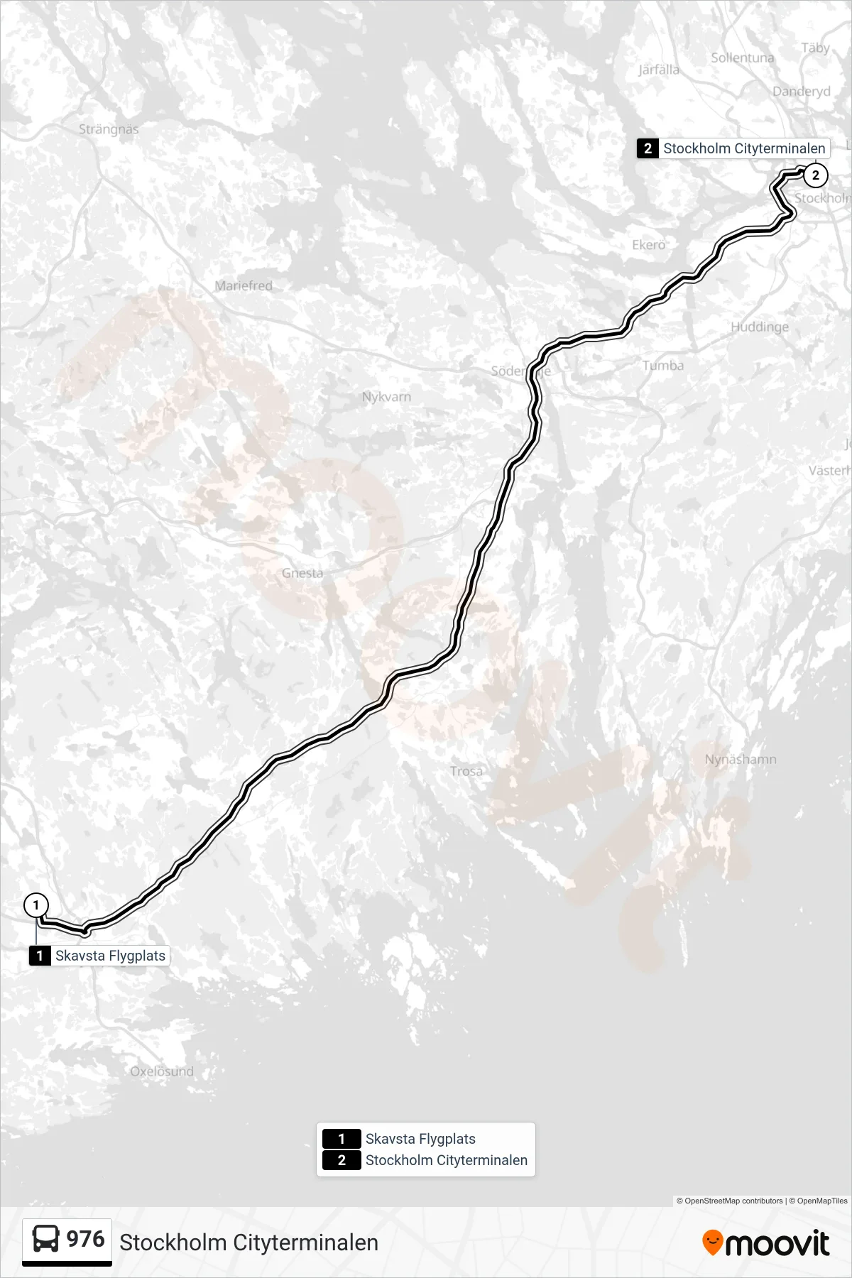 Rutt och hållplatser på karta för linje 976 buss, (Stockholm Cityterminalen)