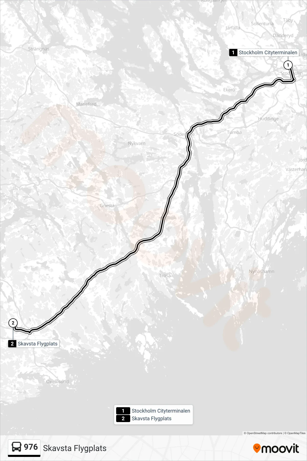 Rutt och hållplatser på karta för linje 976  buss, (Skavsta Flygplats)