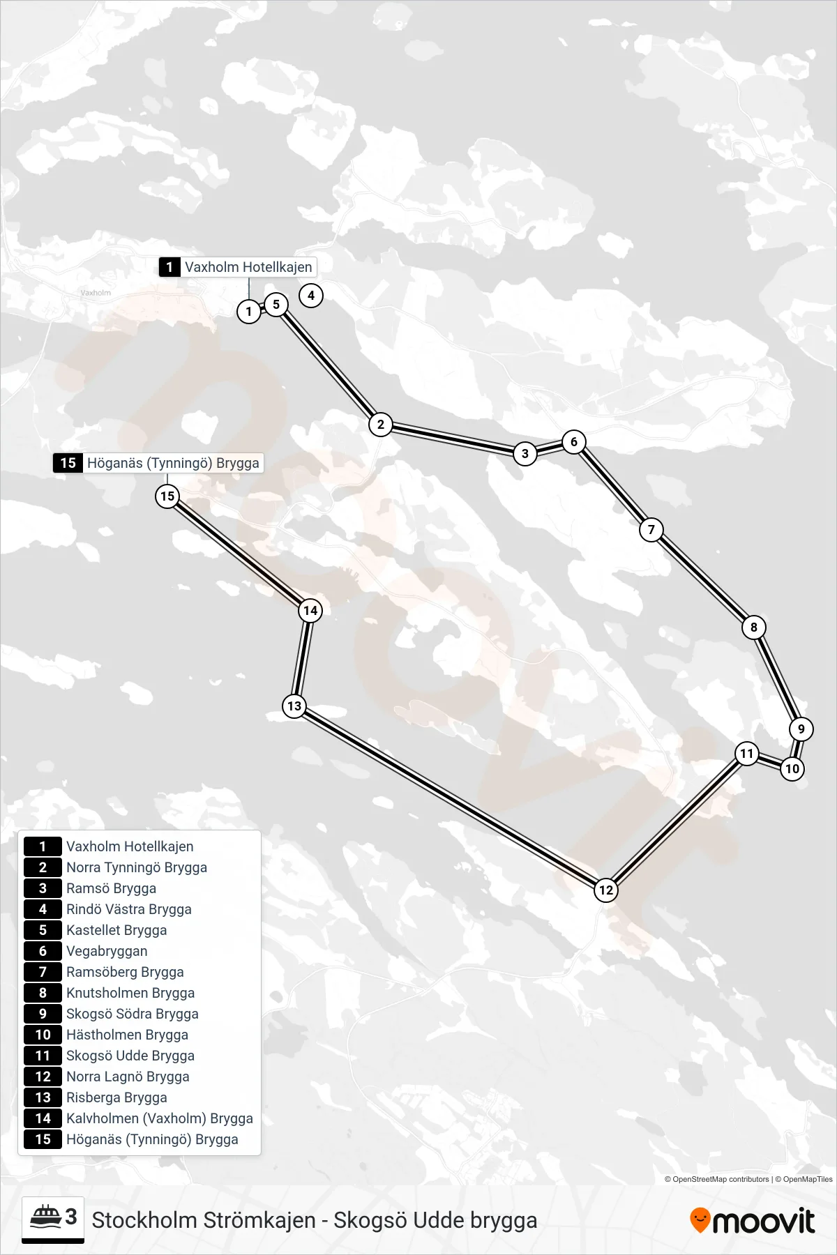 Rutt och hållplatser på karta för linje 3  färja, (Höganäs (Tynningö) Brygga)