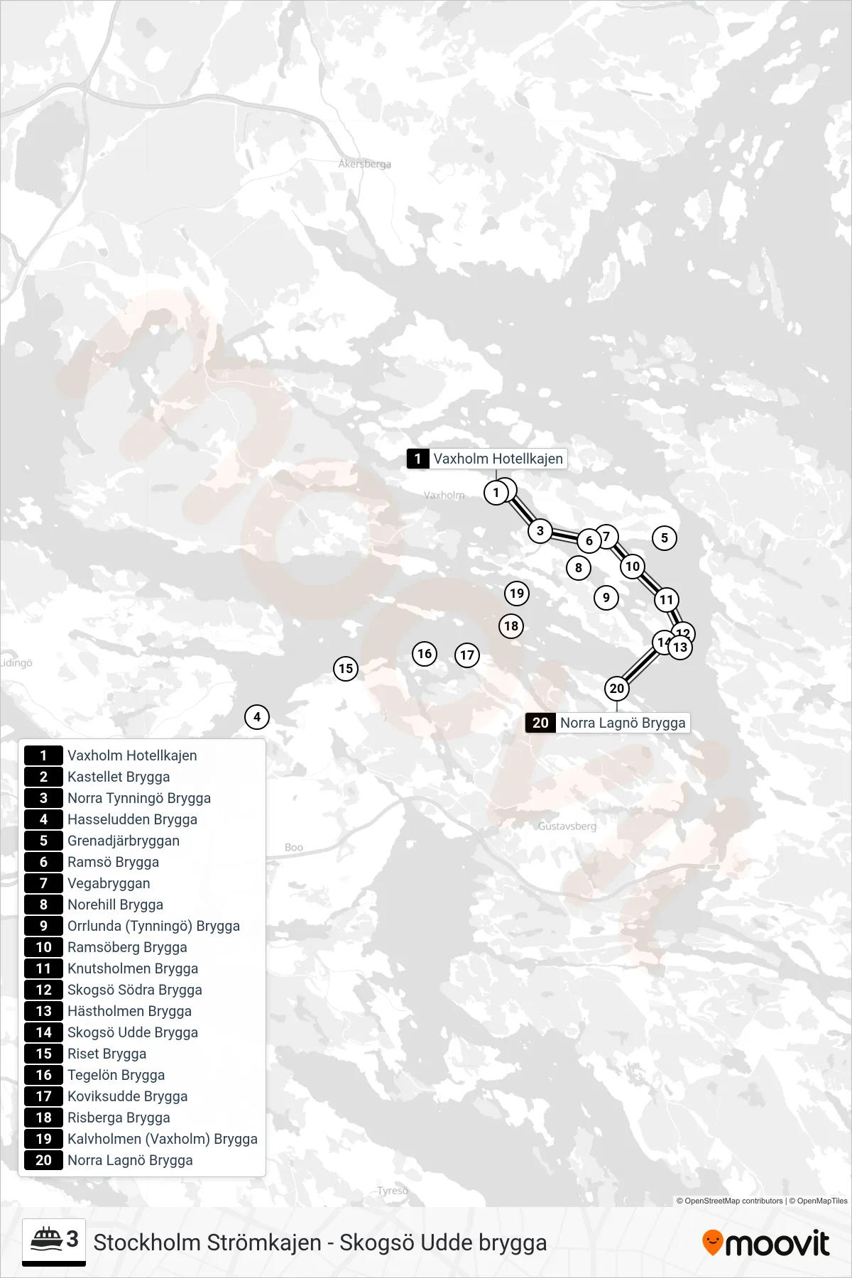 Rutt och hållplatser på karta för linje 3 färja, (Norra Lagnö Brygga)