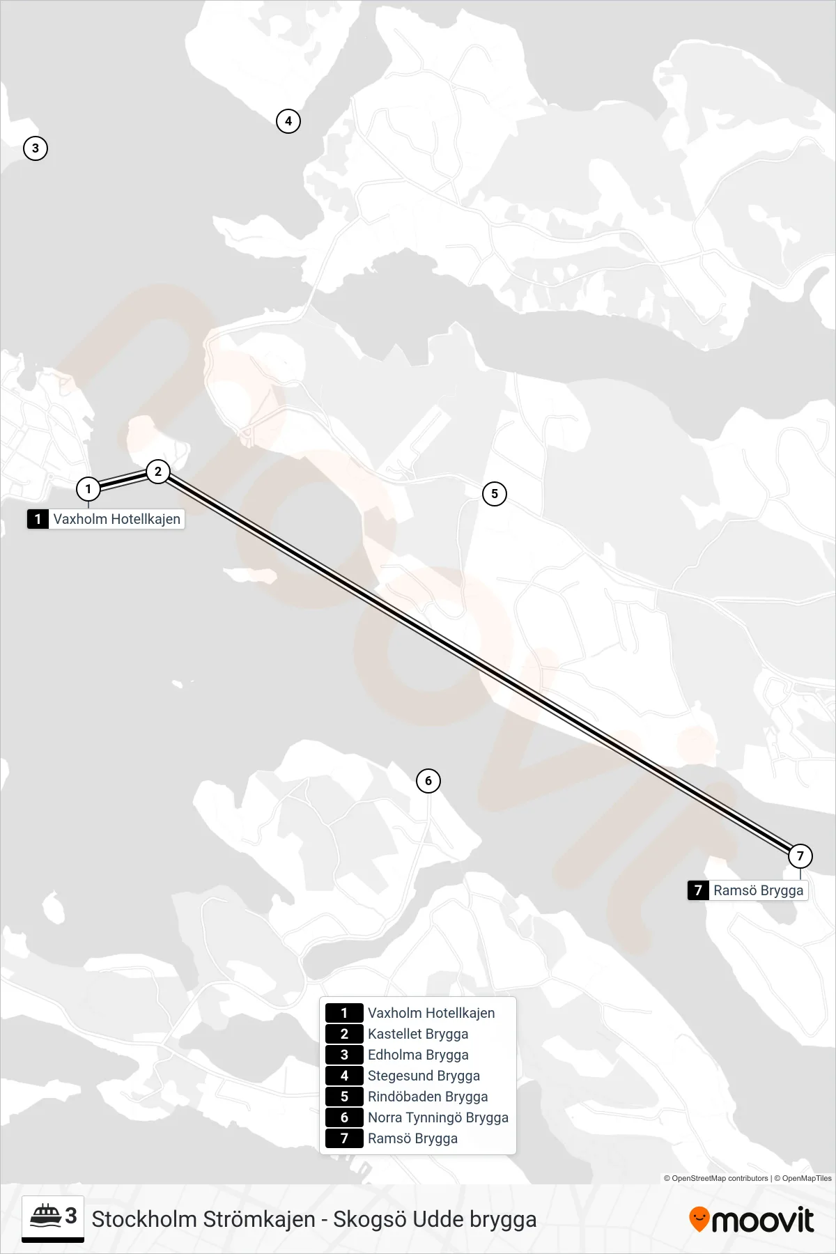Rutt och hållplatser på karta för linje 3 färja, (Ramsö Brygga)