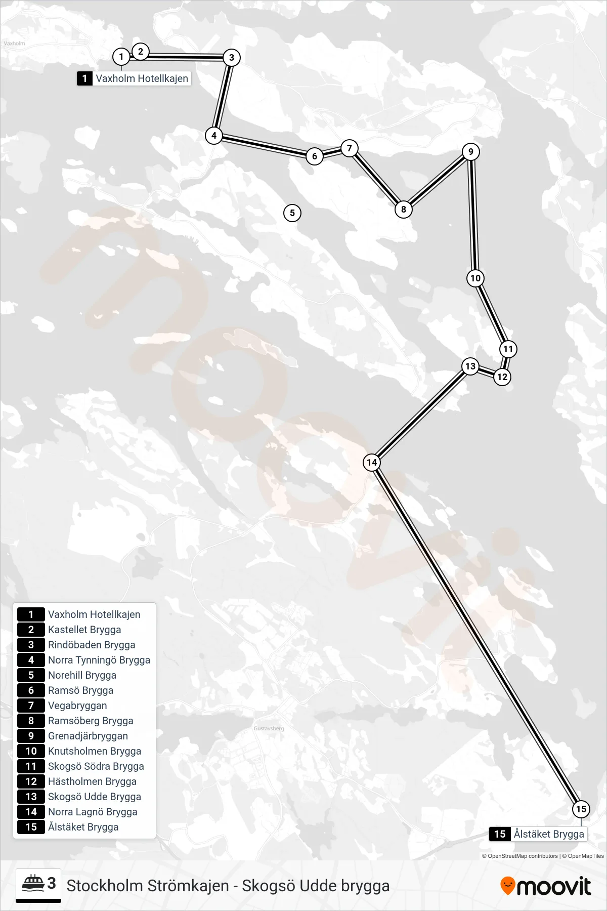 Rutt och hållplatser på karta för linje 3 färja, (Ålstäket Brygga)