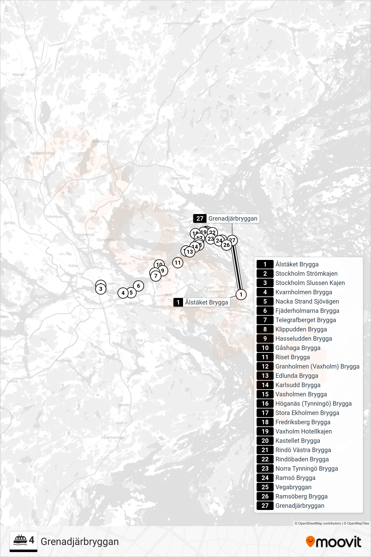 Rutt och hållplatser på karta för linje 4 färja, (Grenadjärbryggan)