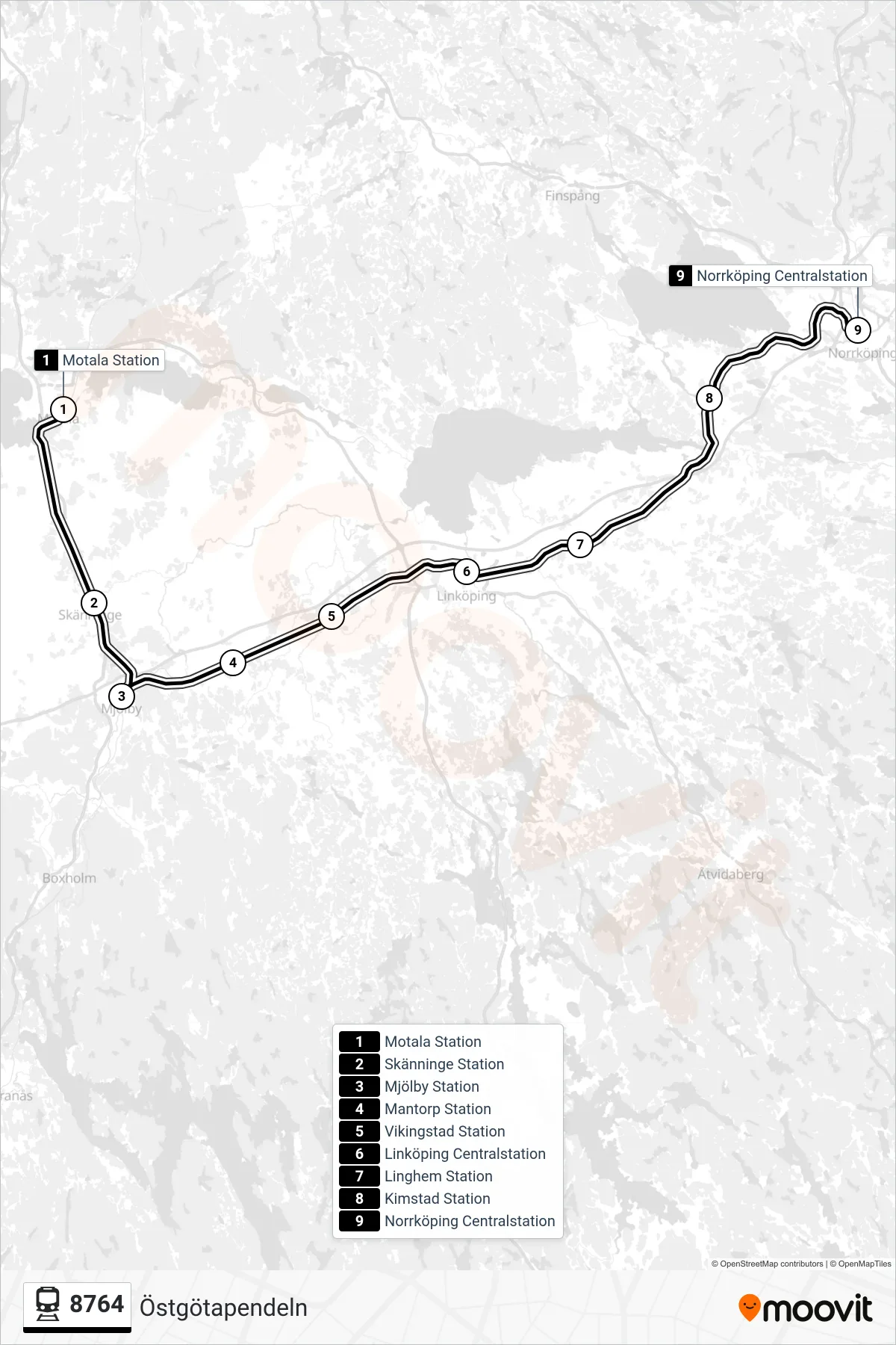 Rutt och hållplatser på karta för linje 8764  spårvagn, (Norrköping Centralstation)