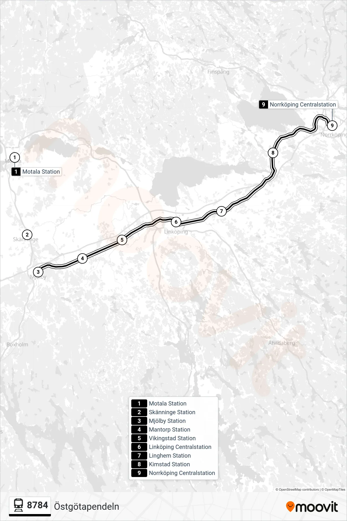 Rutt och hållplatser på karta för linje 8784  spårvagn, (Norrköping Centralstation)
