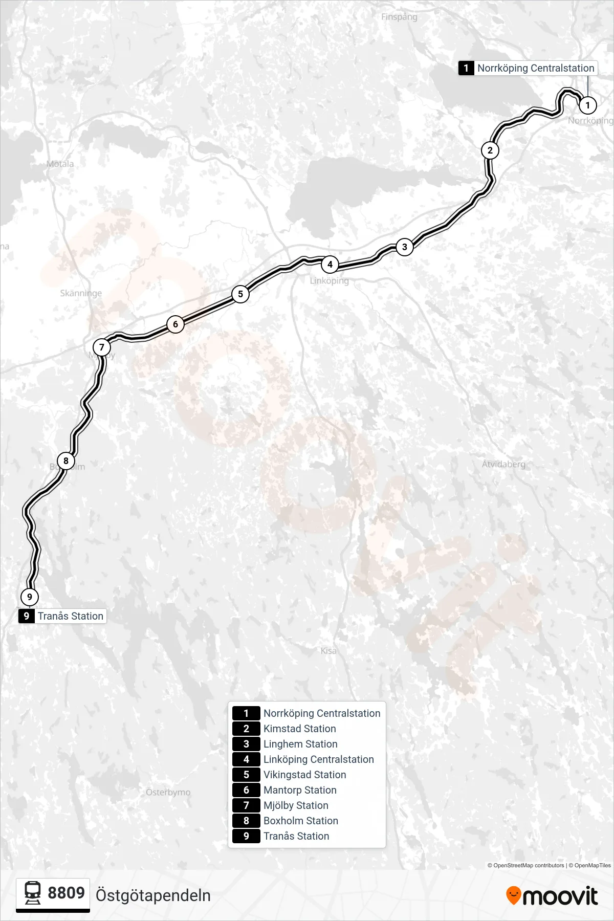 Rutt och hållplatser på karta för linje 8809 spårvagn, (Tranås Station)