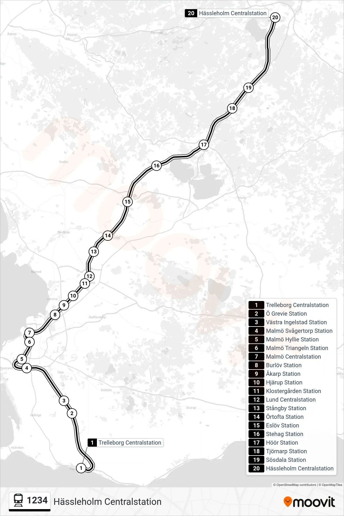 Rutt och hållplatser på karta för linje 1234  spårvagn, (Hässleholm Centralstation)