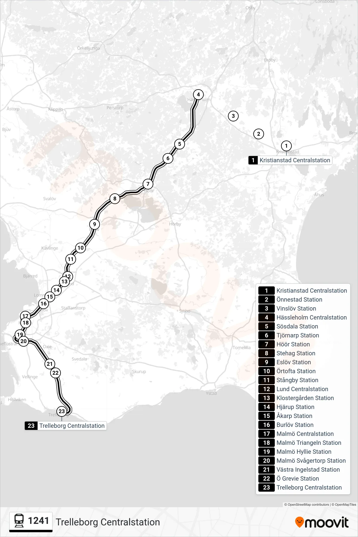 Rutt och hållplatser på karta för linje 1241 spårvagn, (Trelleborg Centralstation)