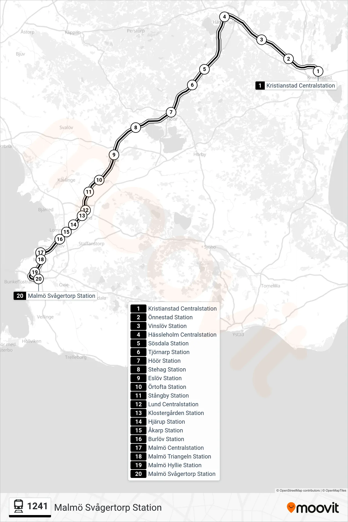 Rutt och hållplatser på karta för linje 1241  spårvagn, (Malmö Svågertorp Station)