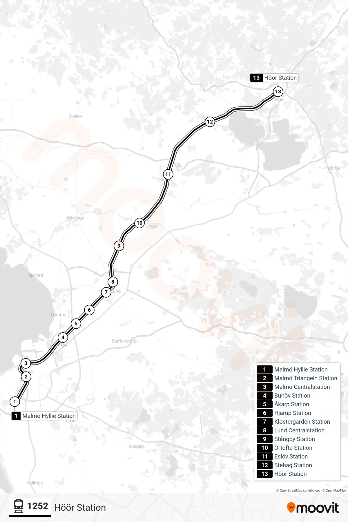Rutt och hållplatser på karta för linje 1252 spårvagn, (Höör Station)