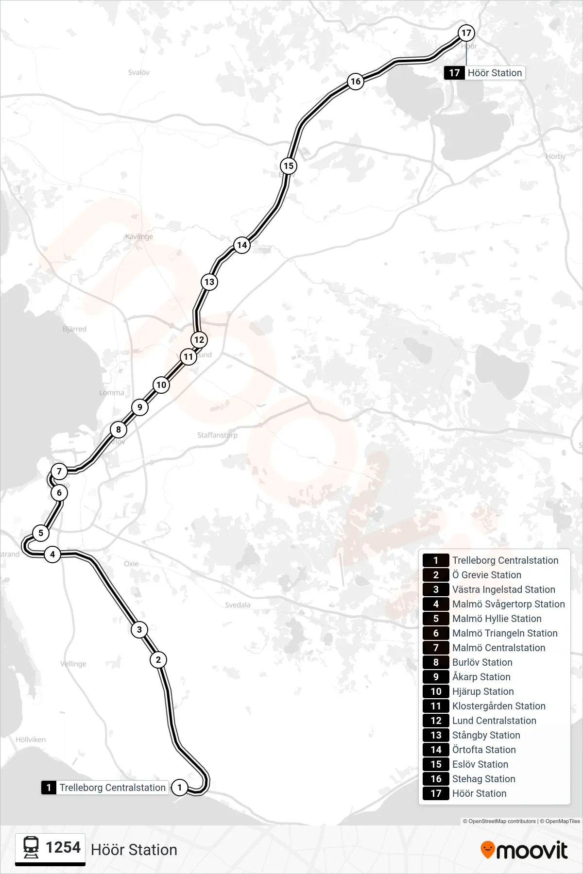 Rutt och hållplatser på karta för linje 1254 spårvagn, (Höör Station)
