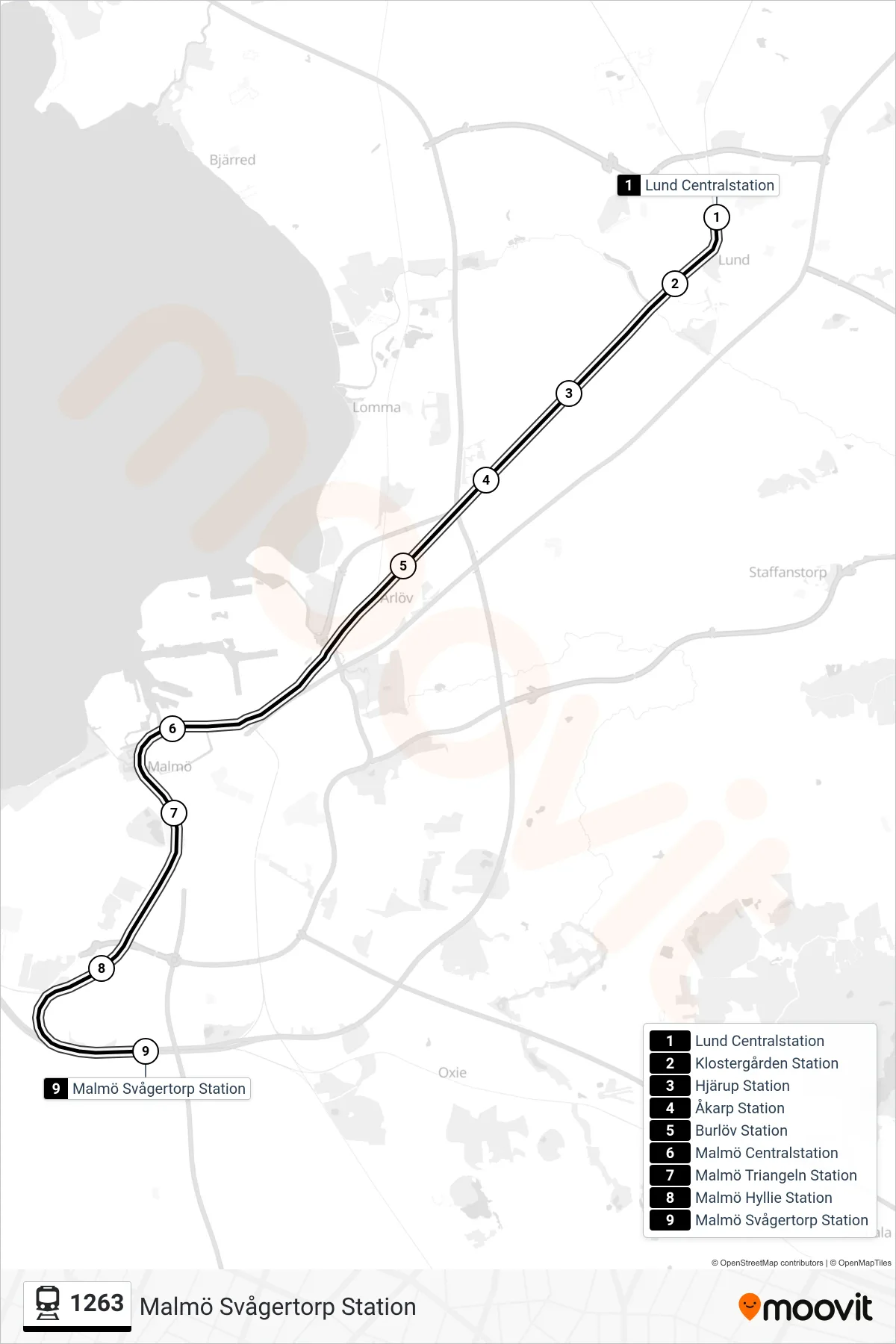 Rutt och hållplatser på karta för linje 1263 spårvagn, (Malmö Svågertorp Station)