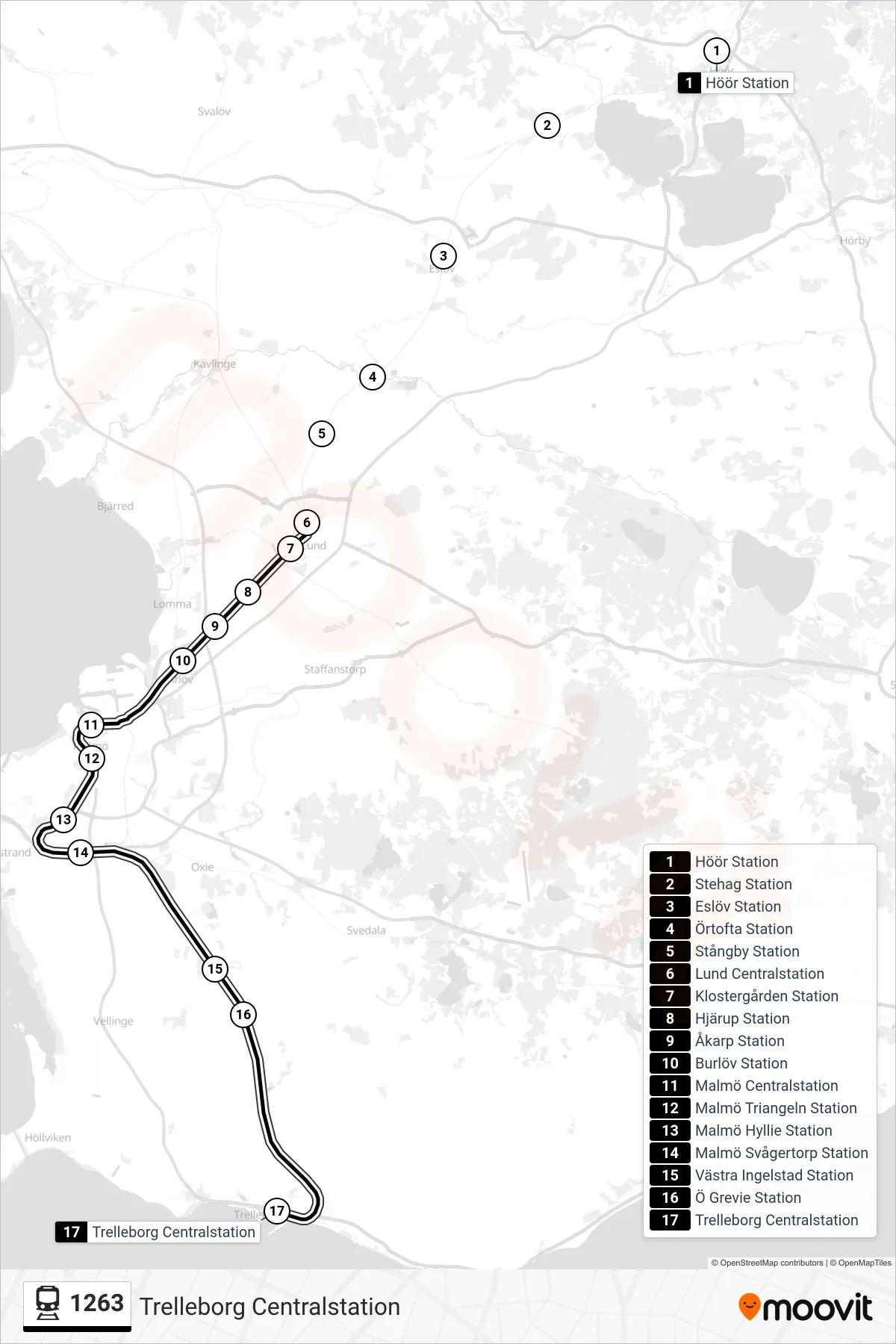 Rutt och hållplatser på karta för linje 1263  spårvagn, (Trelleborg Centralstation)