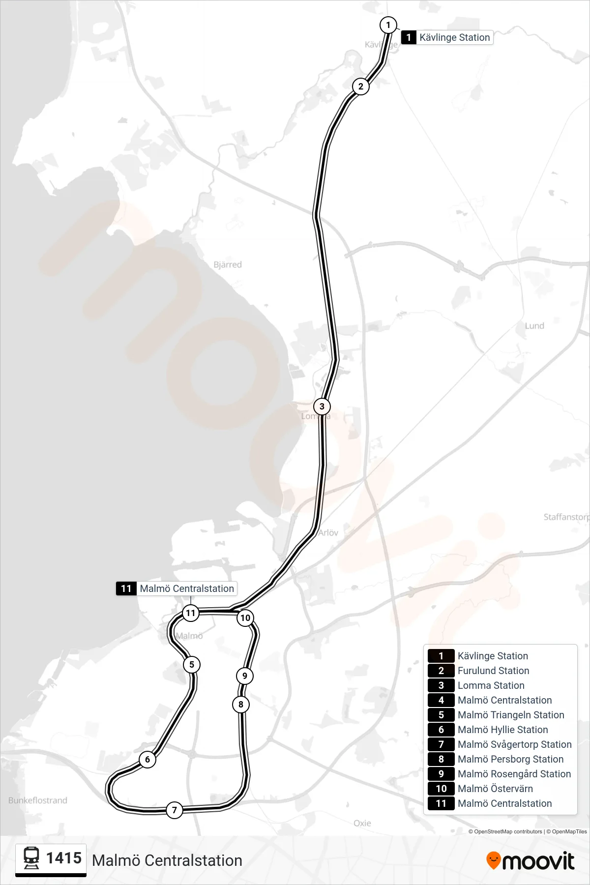 Rutt och hållplatser på karta för linje 1415  spårvagn, (Malmö Centralstation)