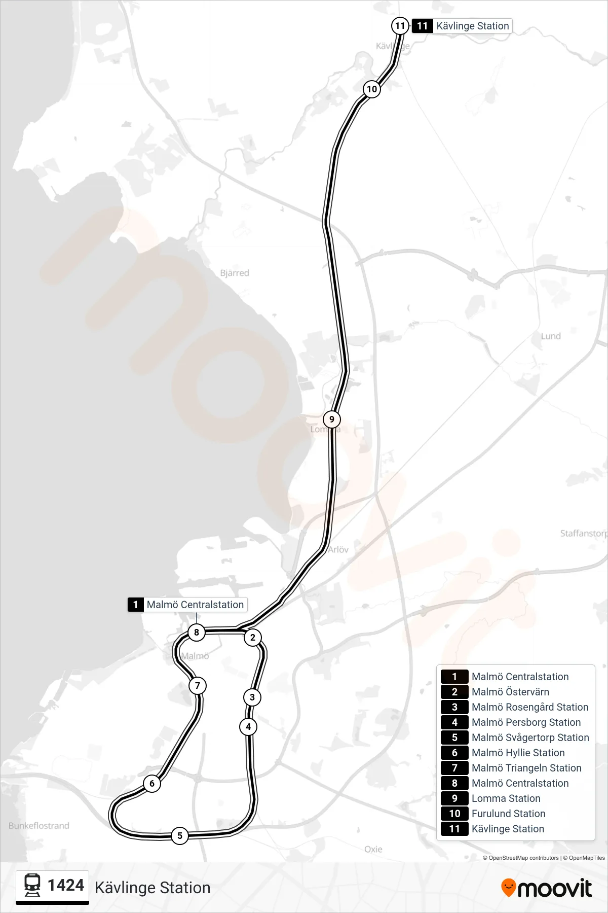 Rutt och hållplatser på karta för linje 1424 spårvagn, (Kävlinge Station)
