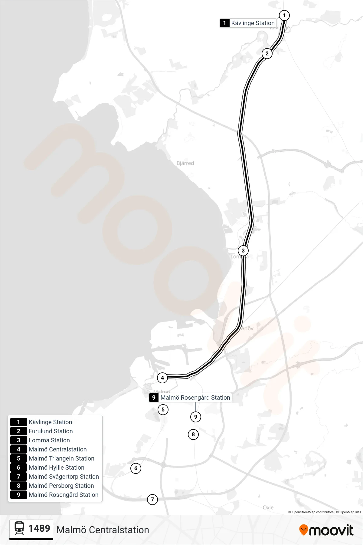 Rutt och hållplatser på karta för linje 1489  spårvagn, (Malmö Centralstation)