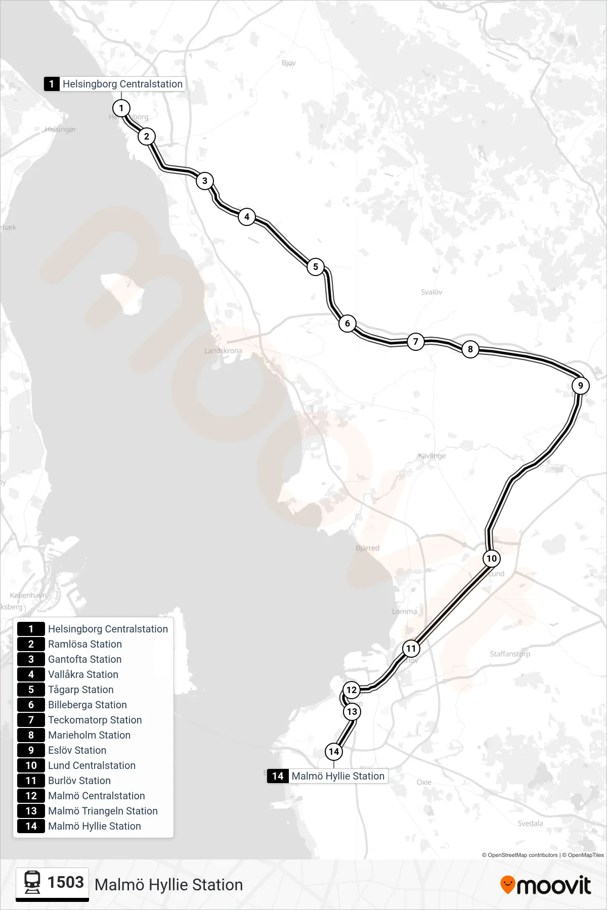 Rutt och hållplatser på karta för linje 1503 spårvagn, (Malmö Hyllie Station)