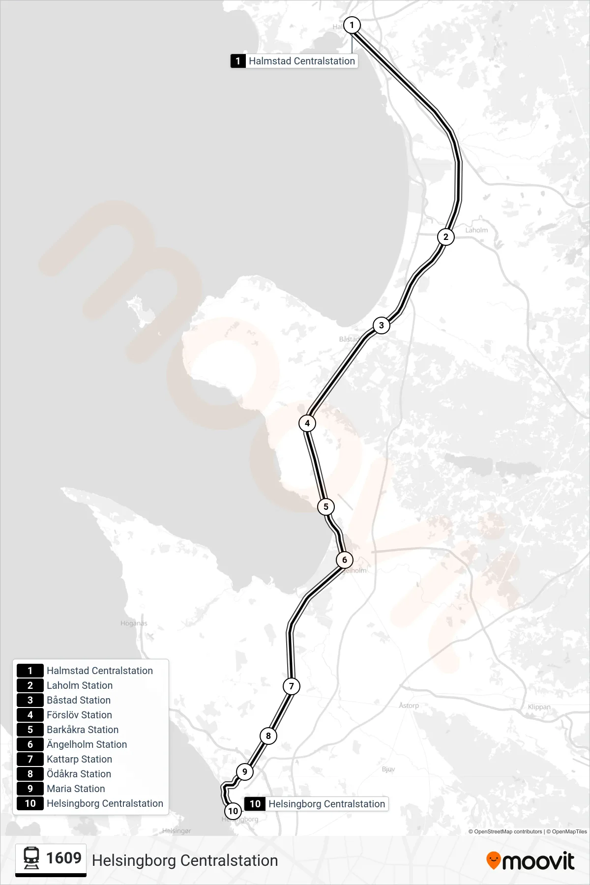 Rutt och hållplatser på karta för linje 1609  spårvagn, (Helsingborg Centralstation)
